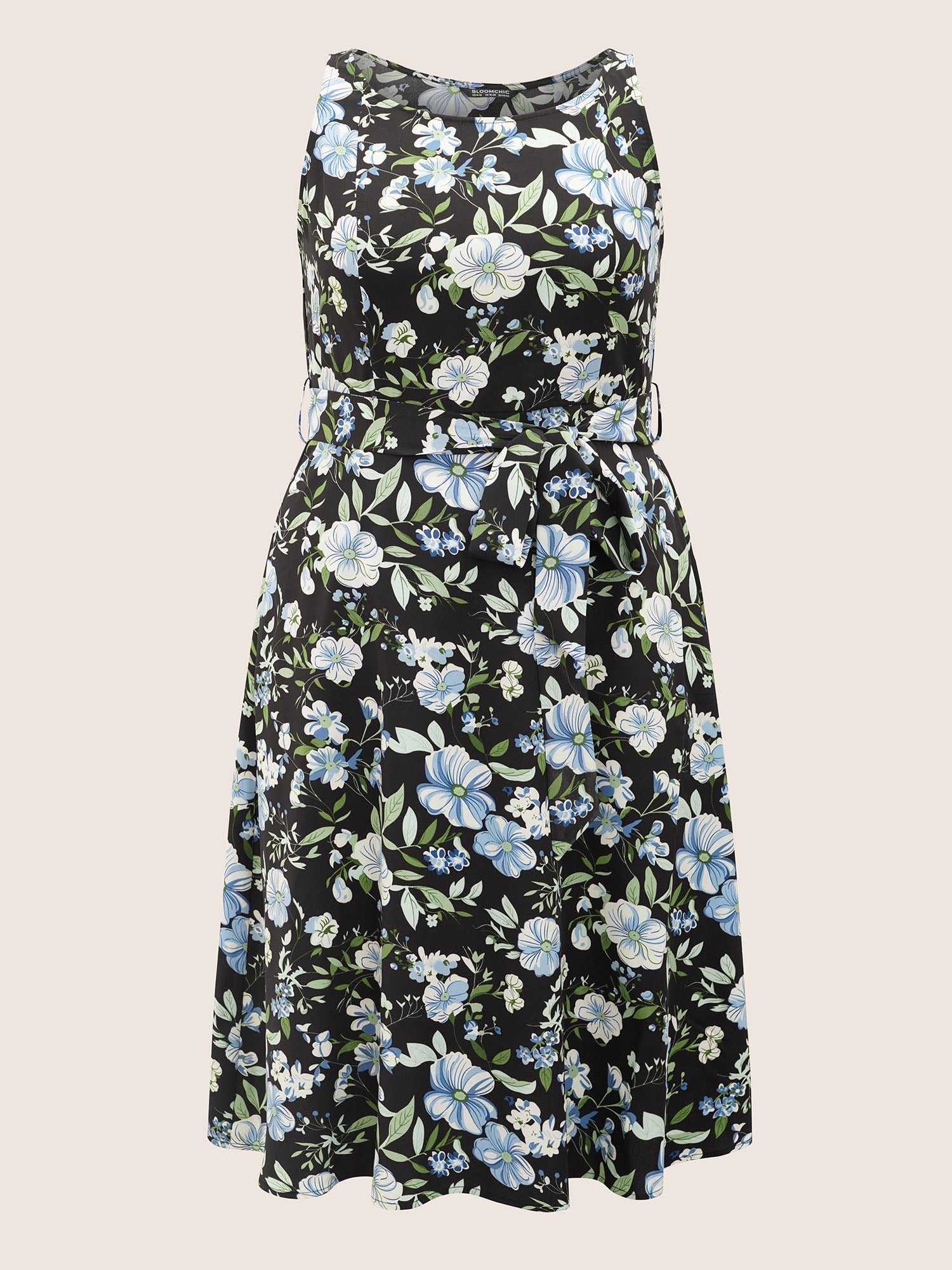 Floral Elastic Waist Sleeveless Pocket Belted Dress