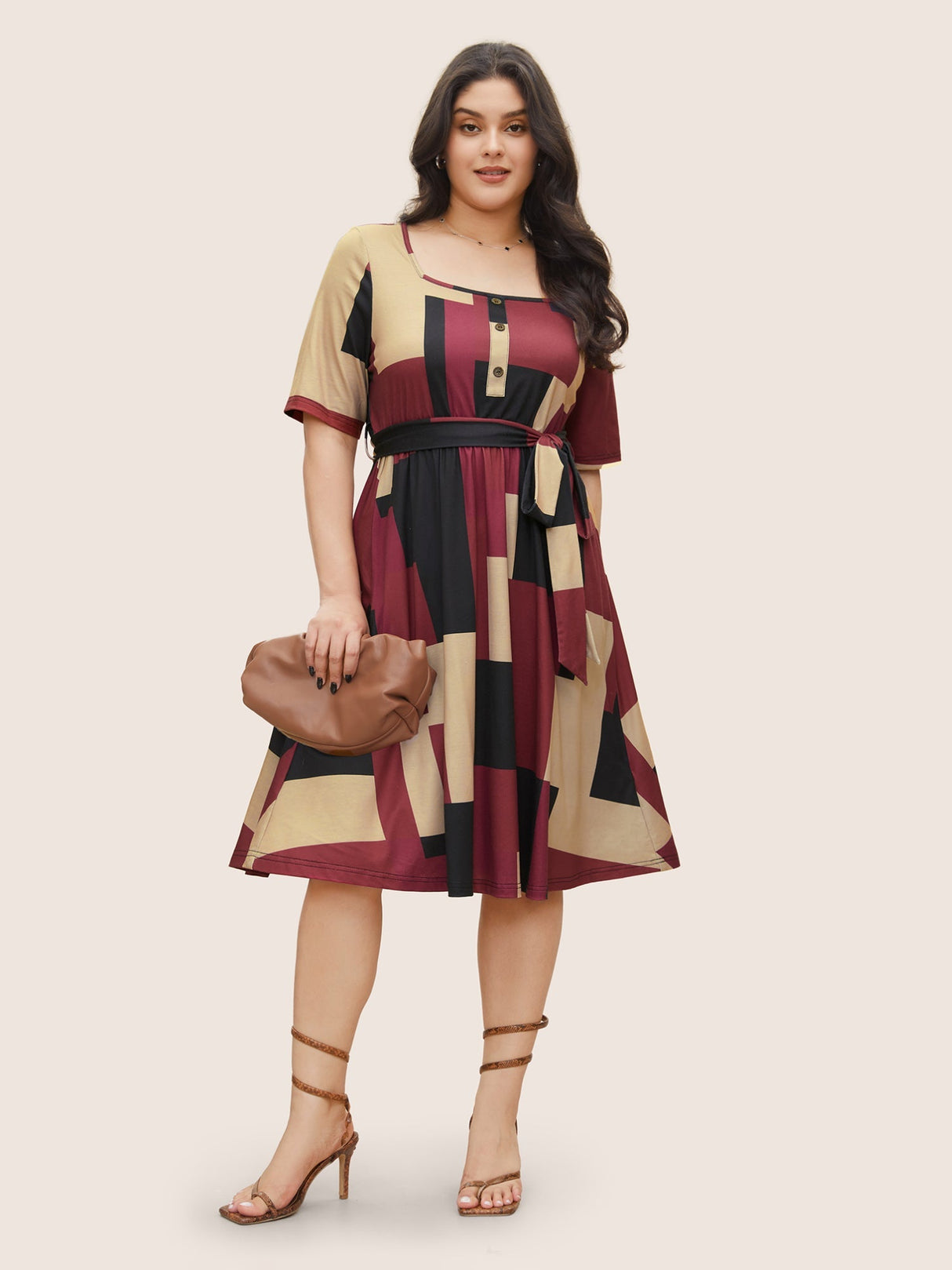 Geometric Colorblock Contrast Square Neck Belted Dress