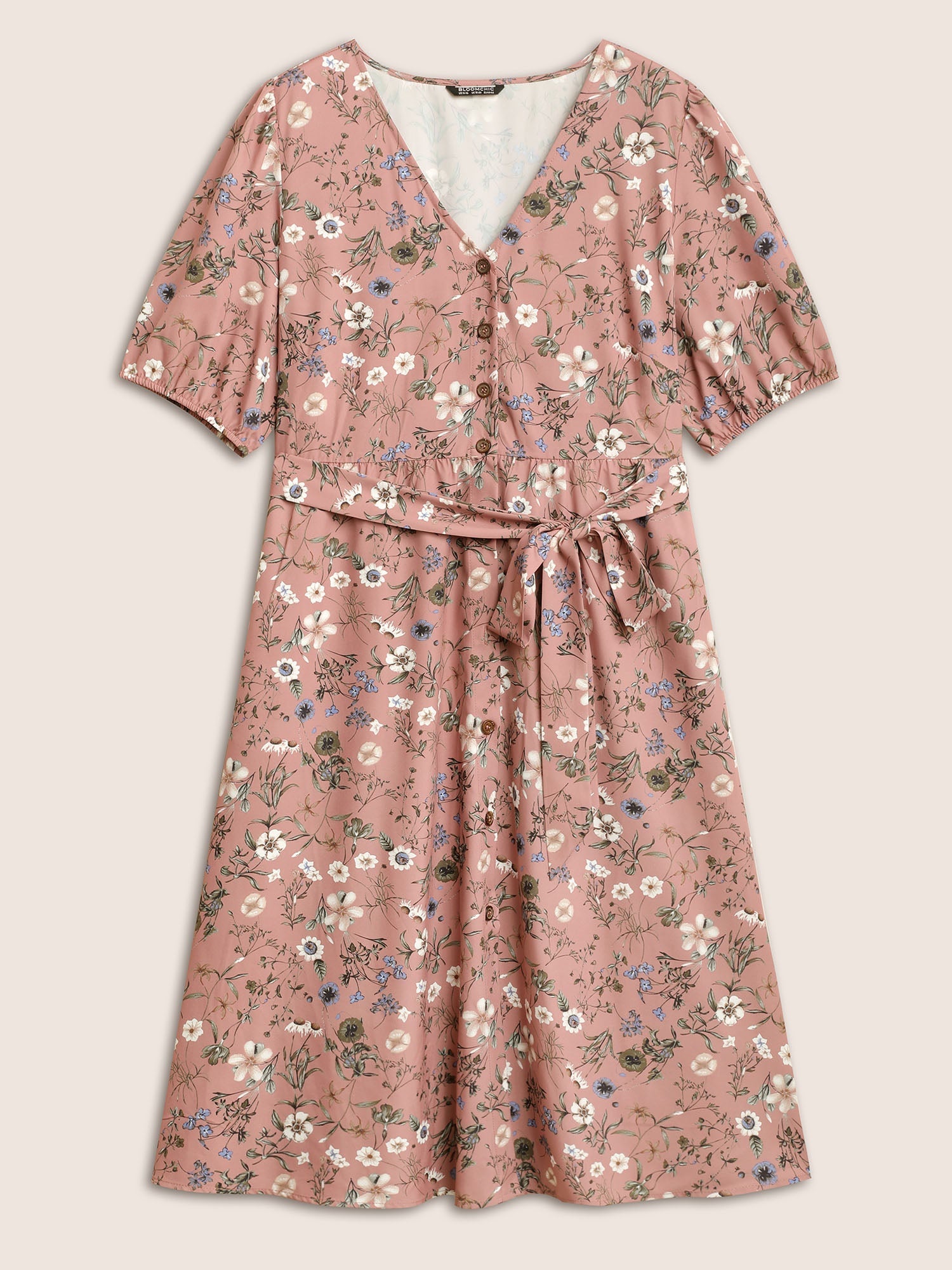 Ditsy Floral Belted Lantern Sleeve Button Up Dress