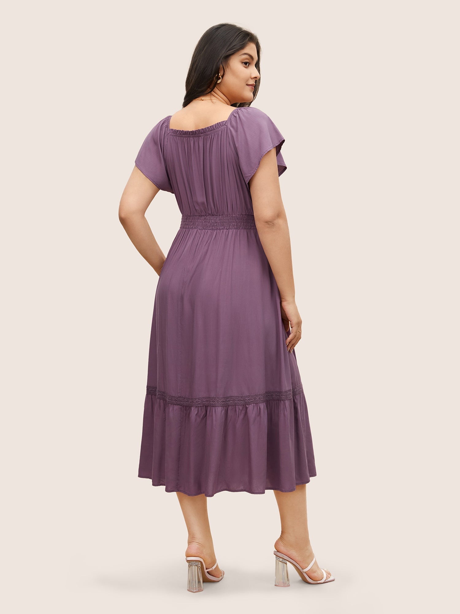 Solid Cap Sleeve Shirred Frill Trim Dress