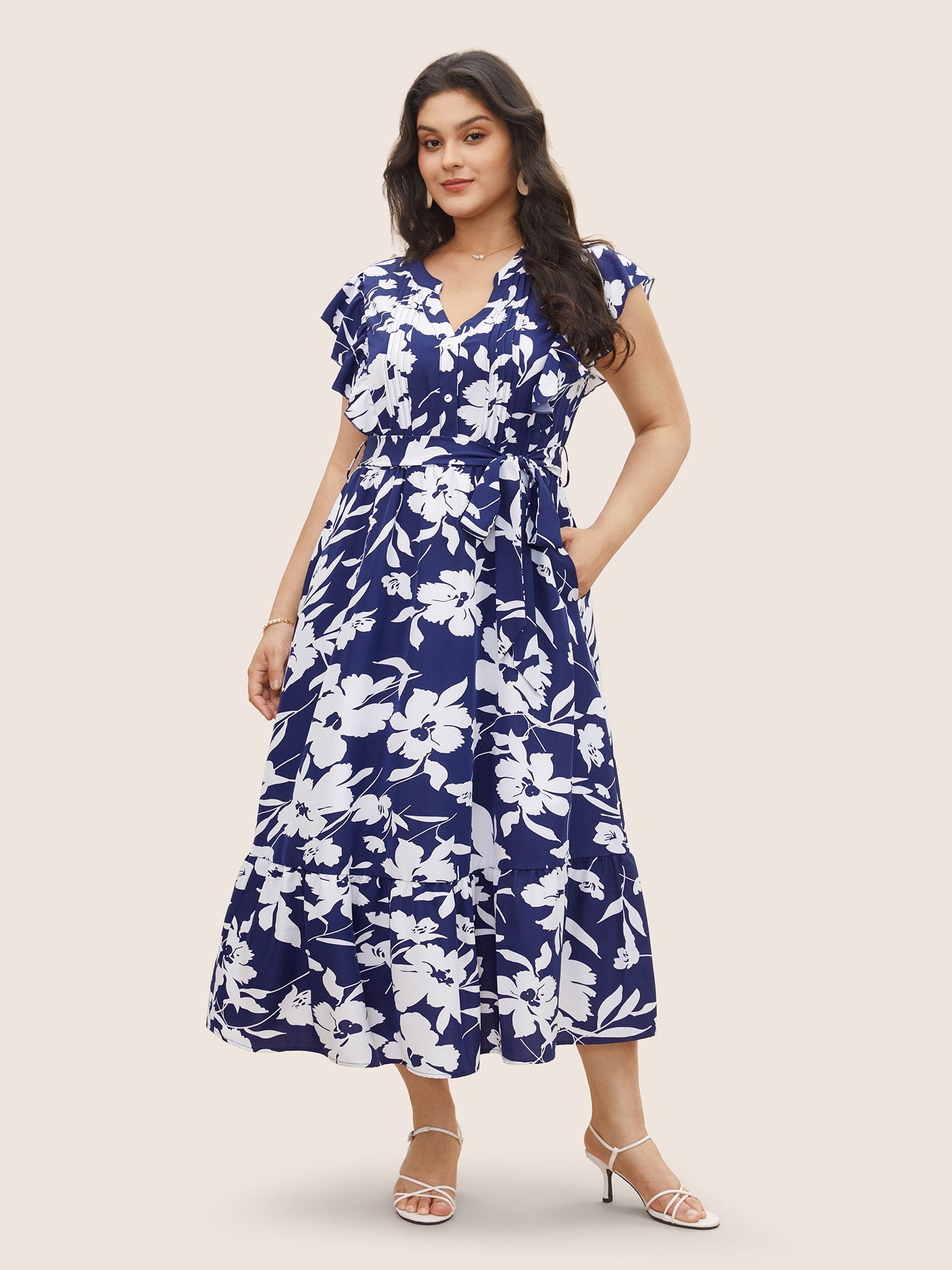 Silhouette Floral Print Ruffle Cap Sleeve Dress