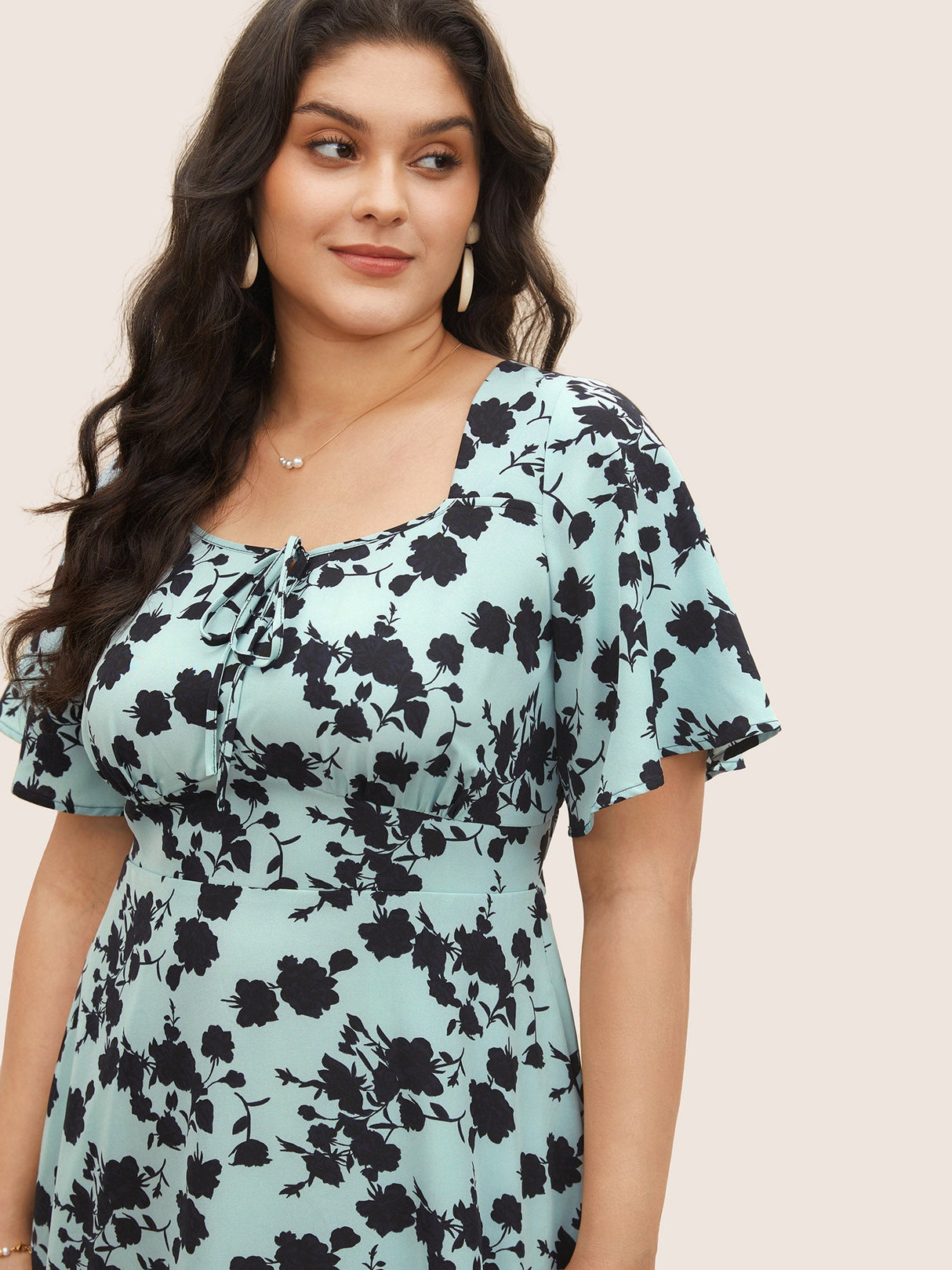 Silhouette Floral Print Knot Neck Flutter Hem Dress