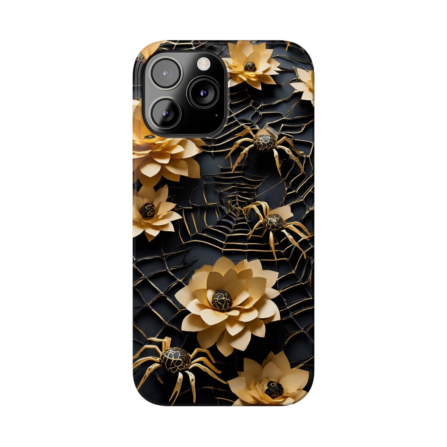Halloween Black & Gold Spider Slim Phone Cases, Gold Flower Phone Case