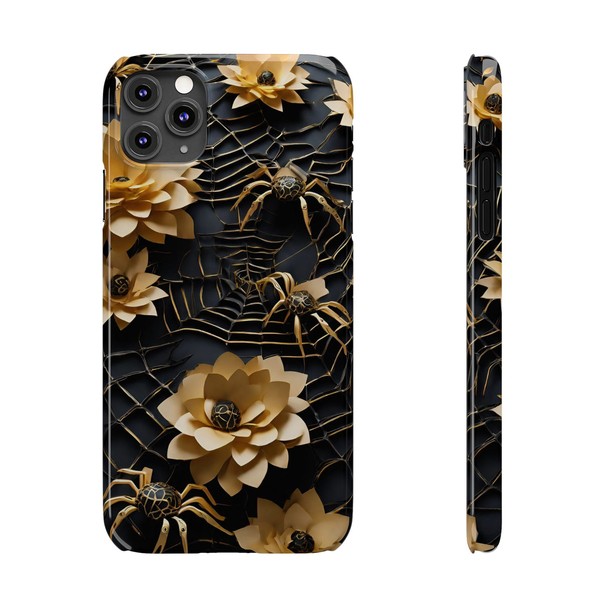 Halloween Black & Gold Spider Slim Phone Cases, Gold Flower Phone Case