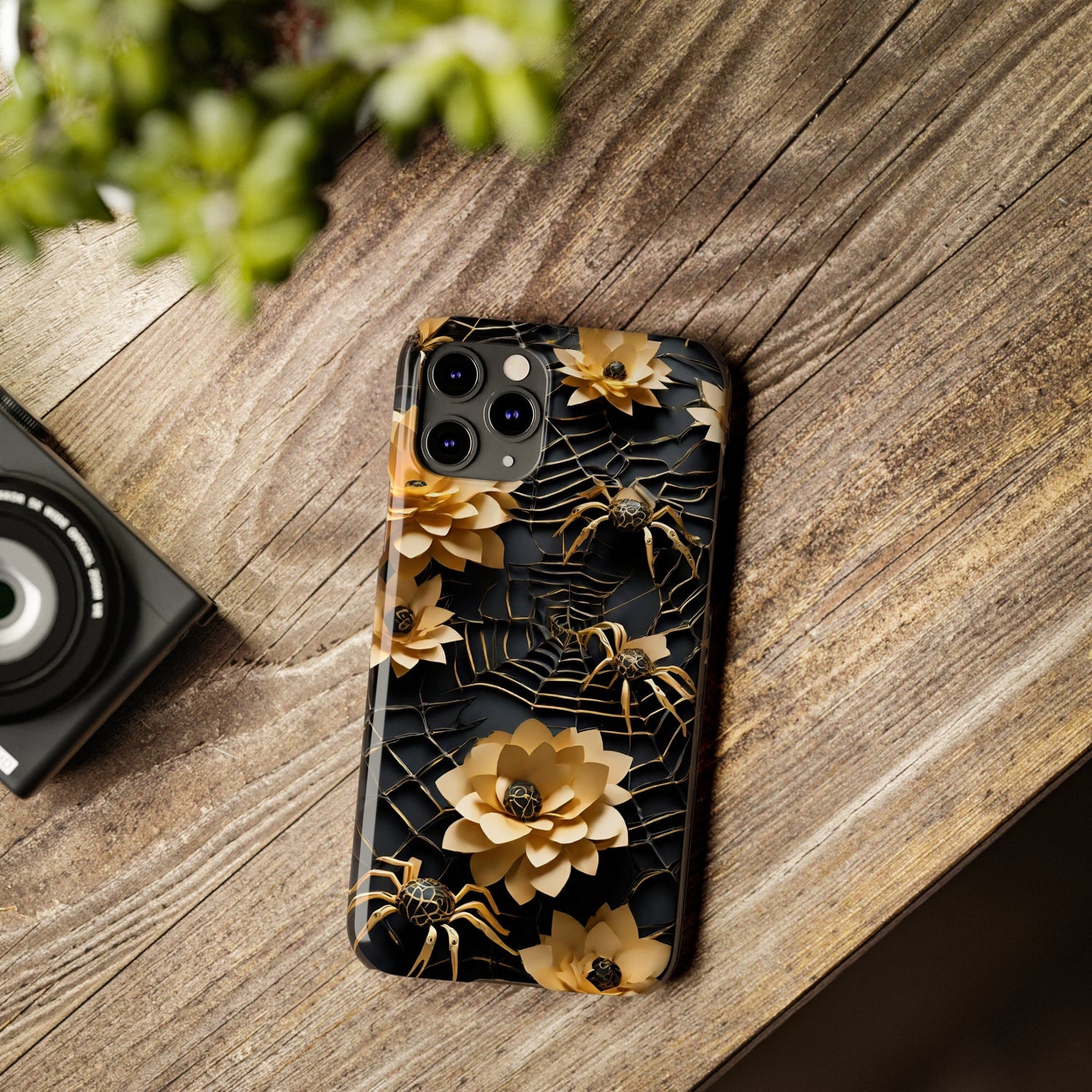 Halloween Black & Gold Spider Slim Phone Cases, Gold Flower Phone Case
