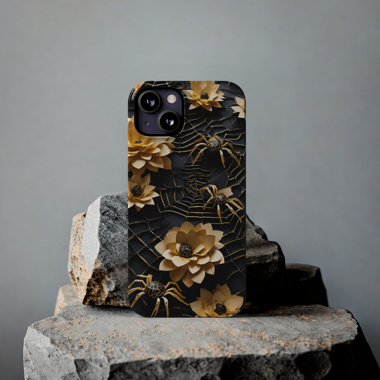 Halloween Black & Gold Spider Slim Phone Cases, Gold Flower Phone Case
