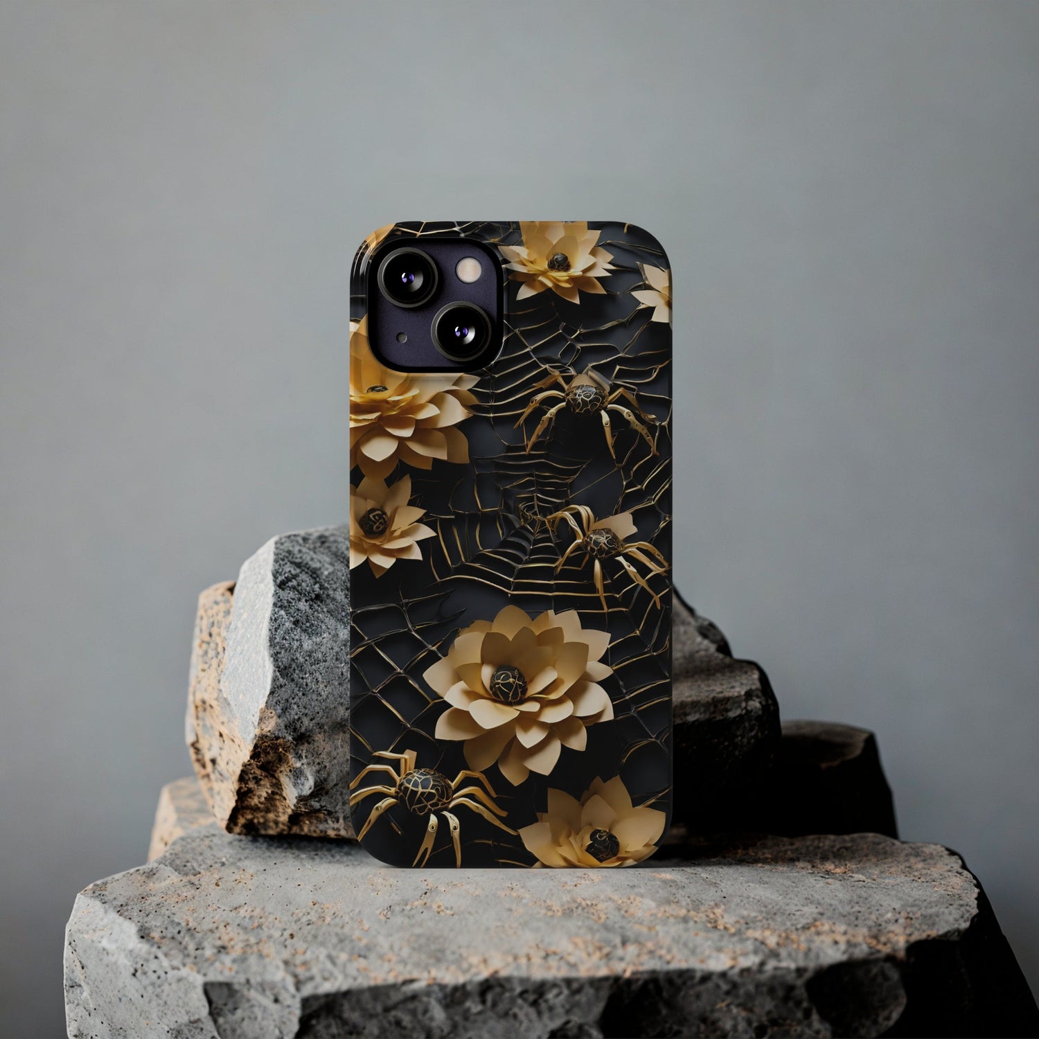 Halloween Black & Gold Spider Slim Phone Cases, Gold Flower Phone Case