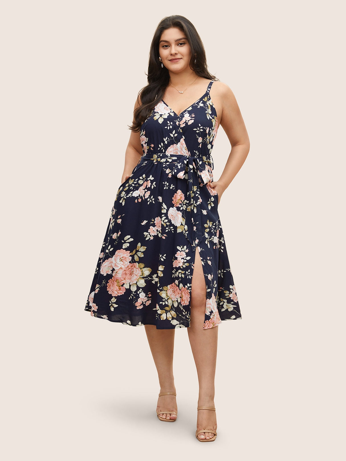 Floral Wrap Elastic Waist Belted Sleeveless Dress