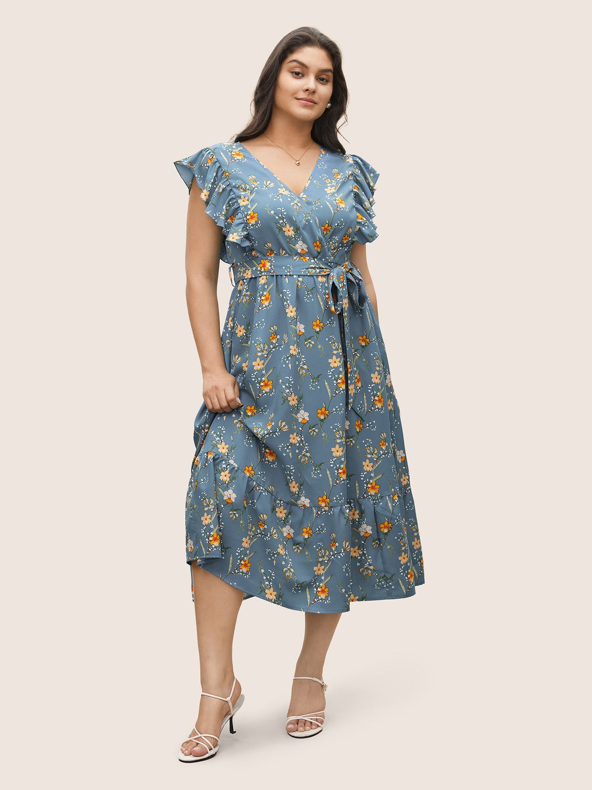 Ditsy Floral Flutter Trim Pocket Layered Hem Dress