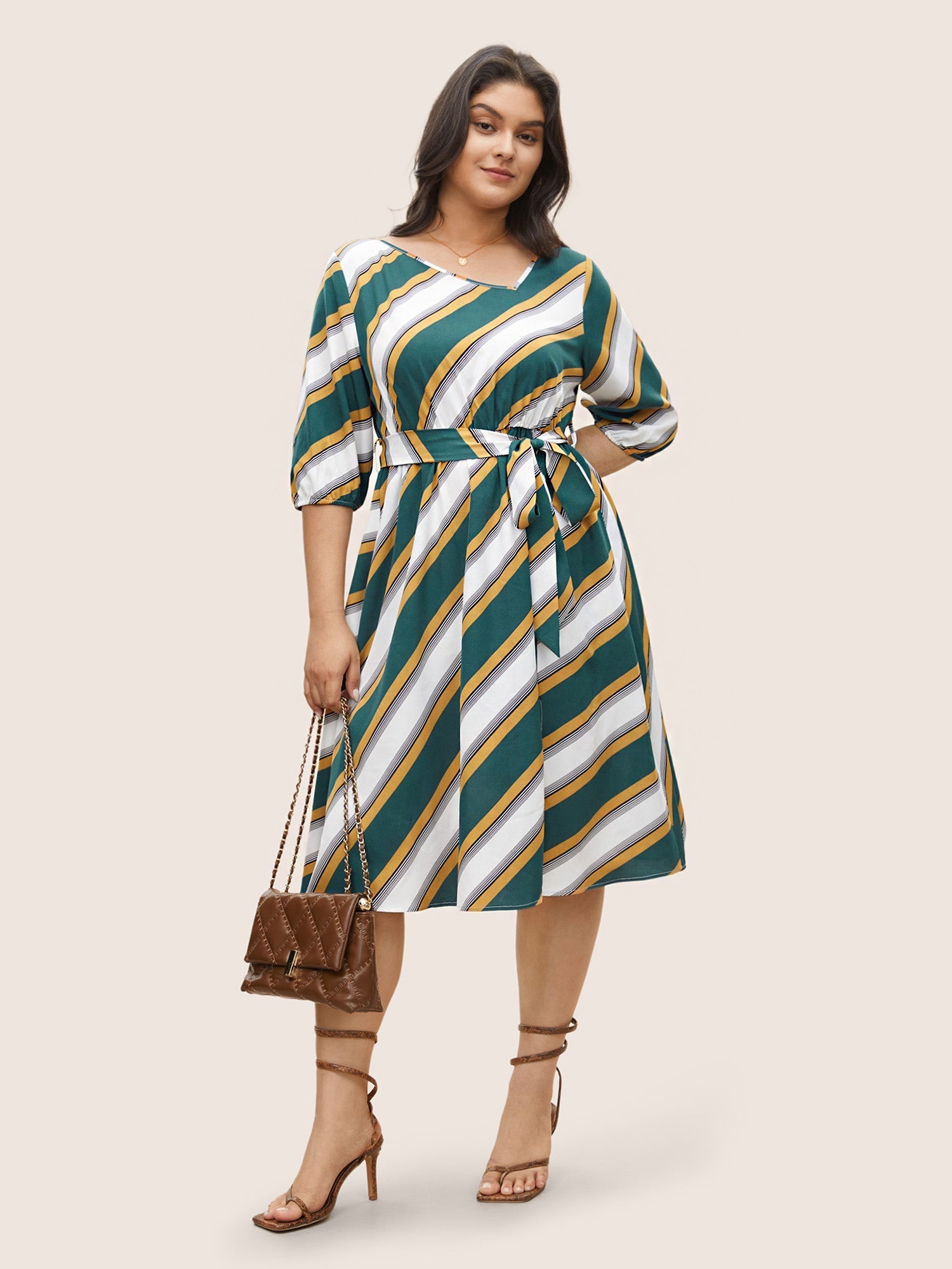 Striped Contrast Asymmetrical Neck Belted Dress