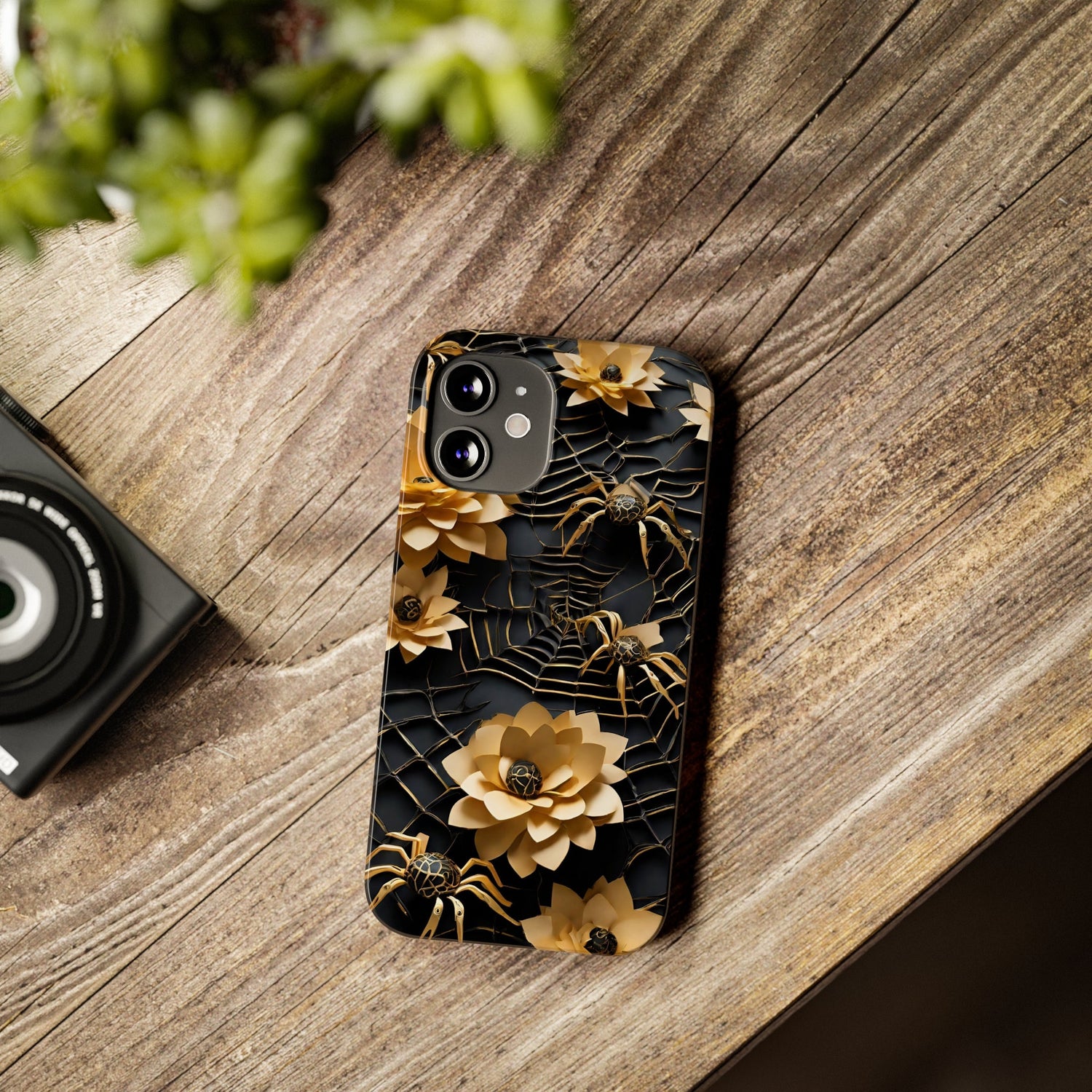 Halloween Black & Gold Spider Slim Phone Cases, Gold Flower Phone Case