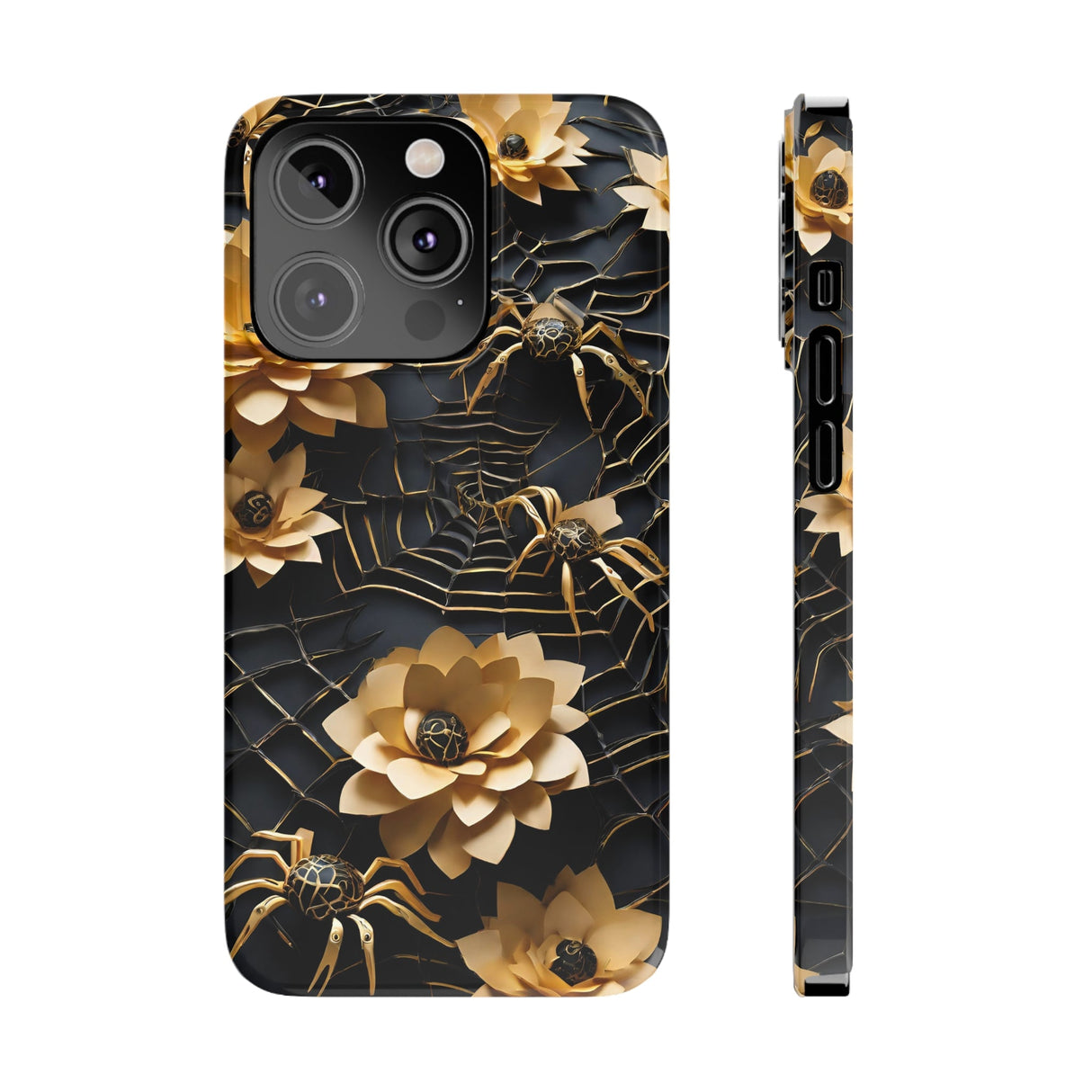 Halloween Black & Gold Spider Slim Phone Cases, Gold Flower Phone Case