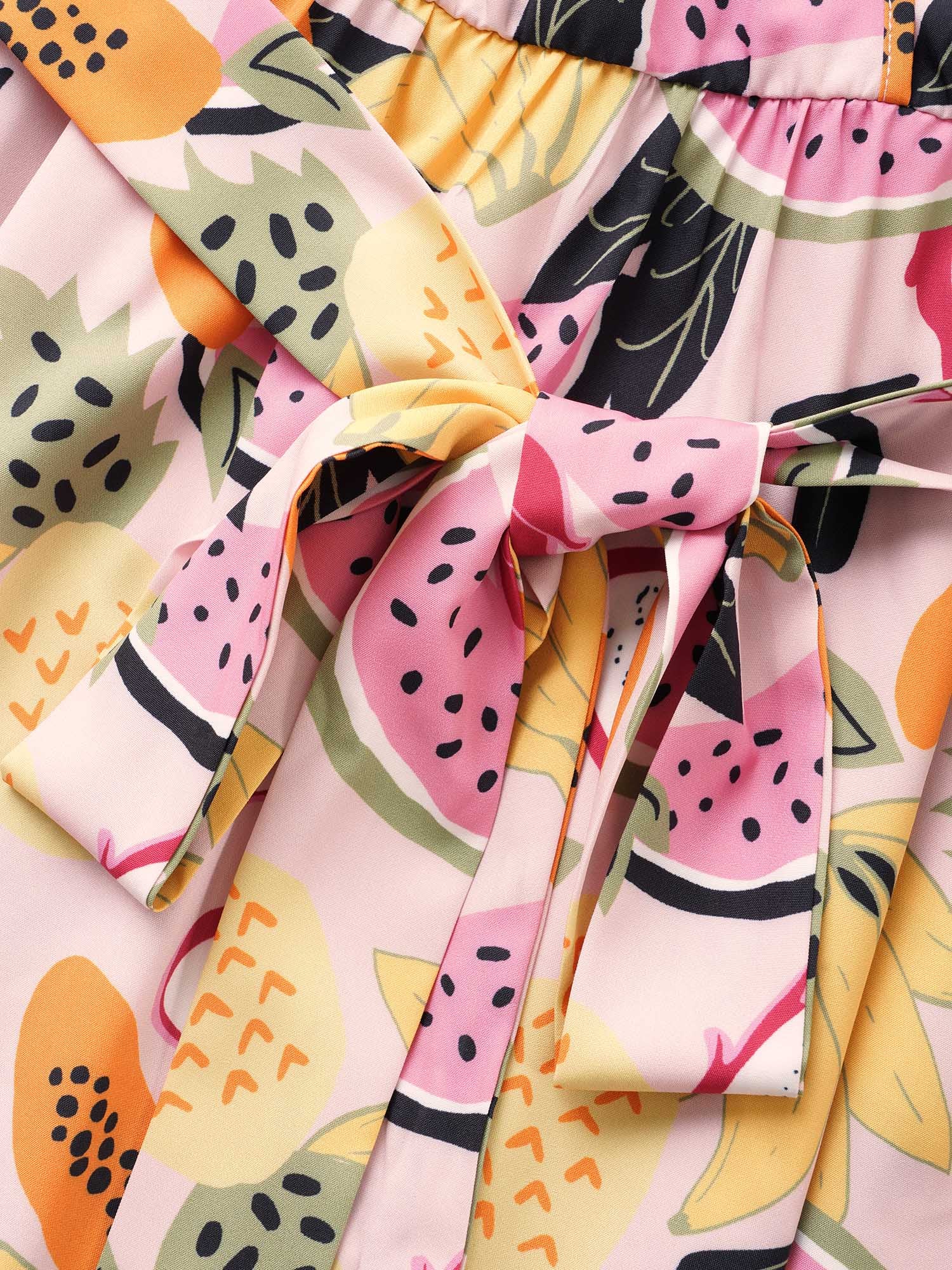 Fruit Print Overlap Collar Belted Pocket Dress