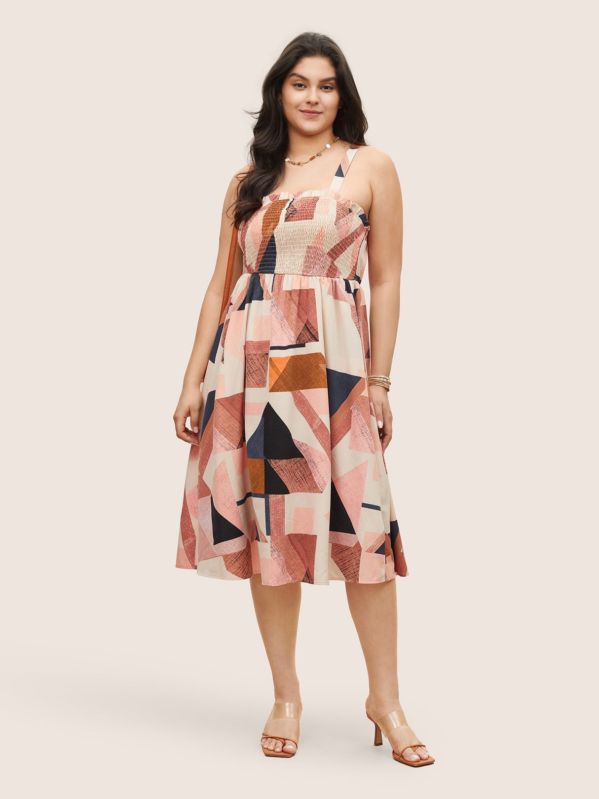 Geometric Colorblock Shirred Frill Trim Cami Dress