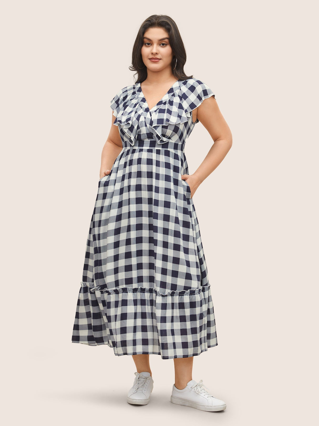 Plaid Elastic Waist Patchwork Ruffle Cap Sleeve Dress