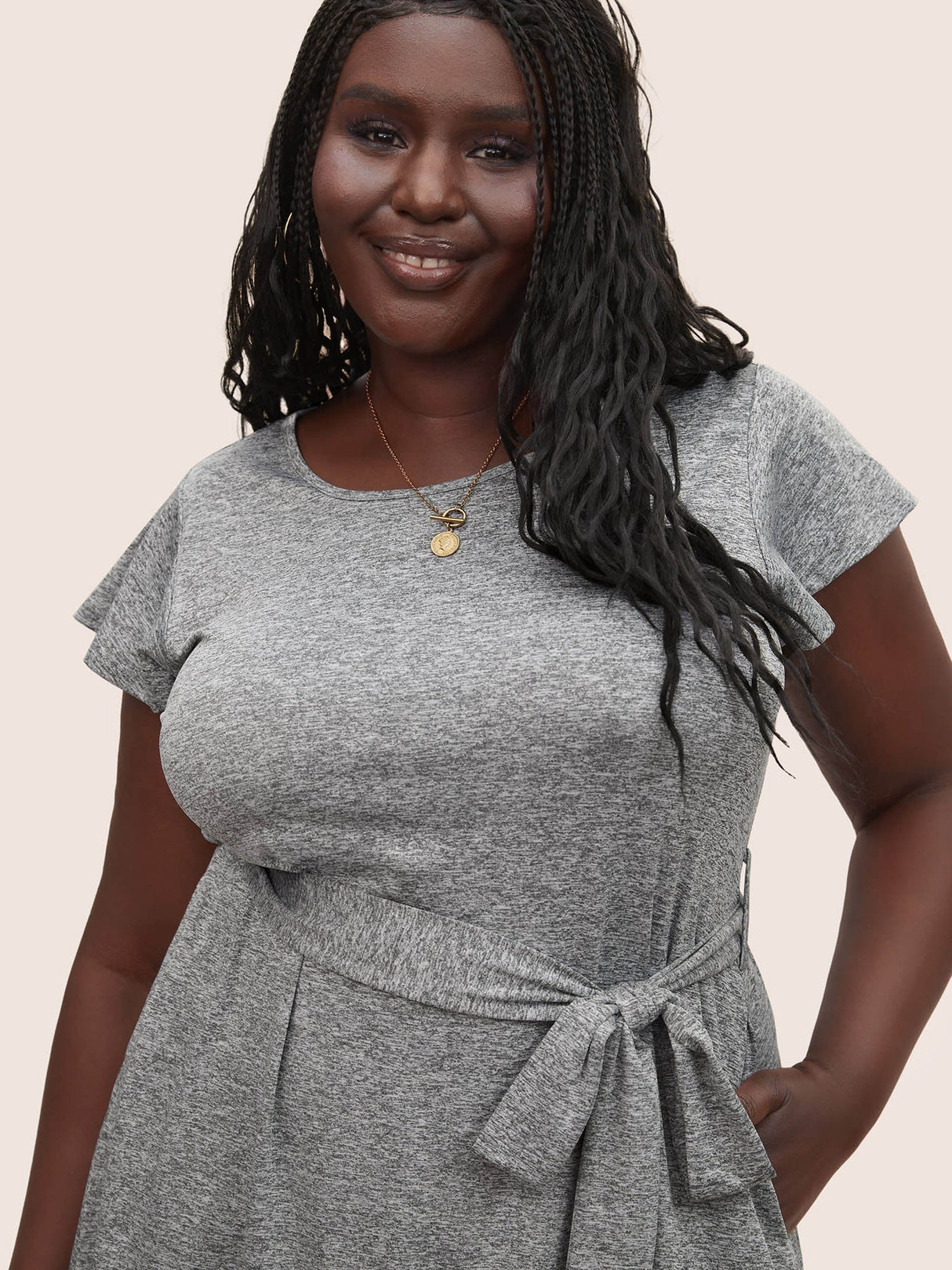 Solid Patchwork Ruffle Cap Sleeve Belted Dress