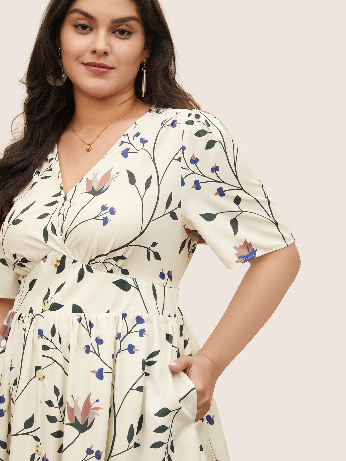 Plants Print Elastic Waist Gathered Wrap Dress