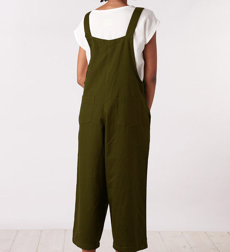 Literary cotton and linen strap casual jumpsuit