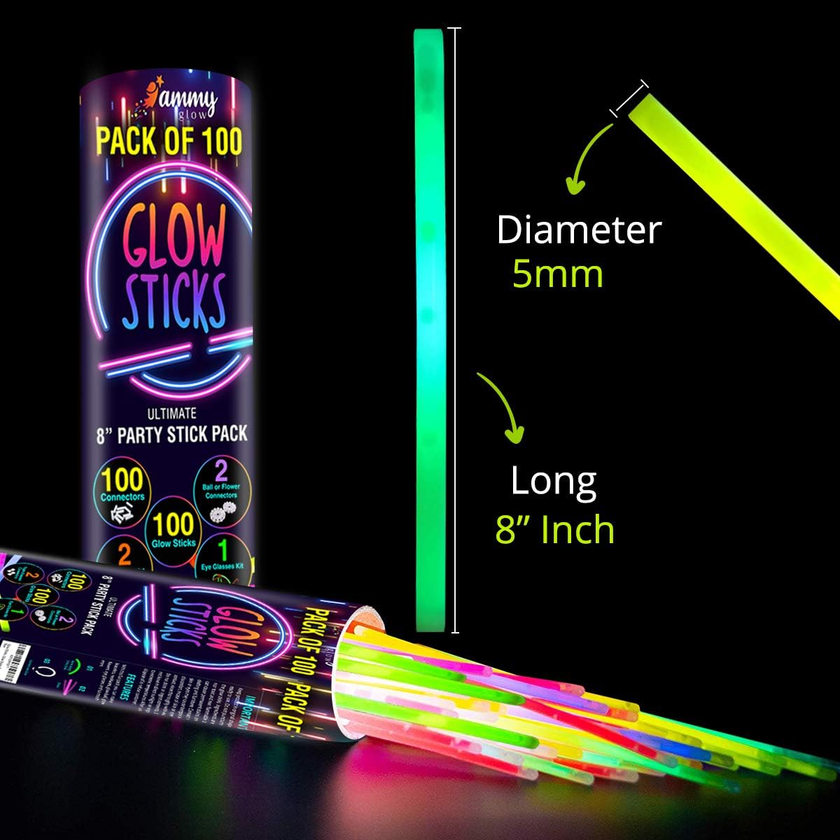 100 Glow Sticks Bulk - Glow in The Dark Party Supplies