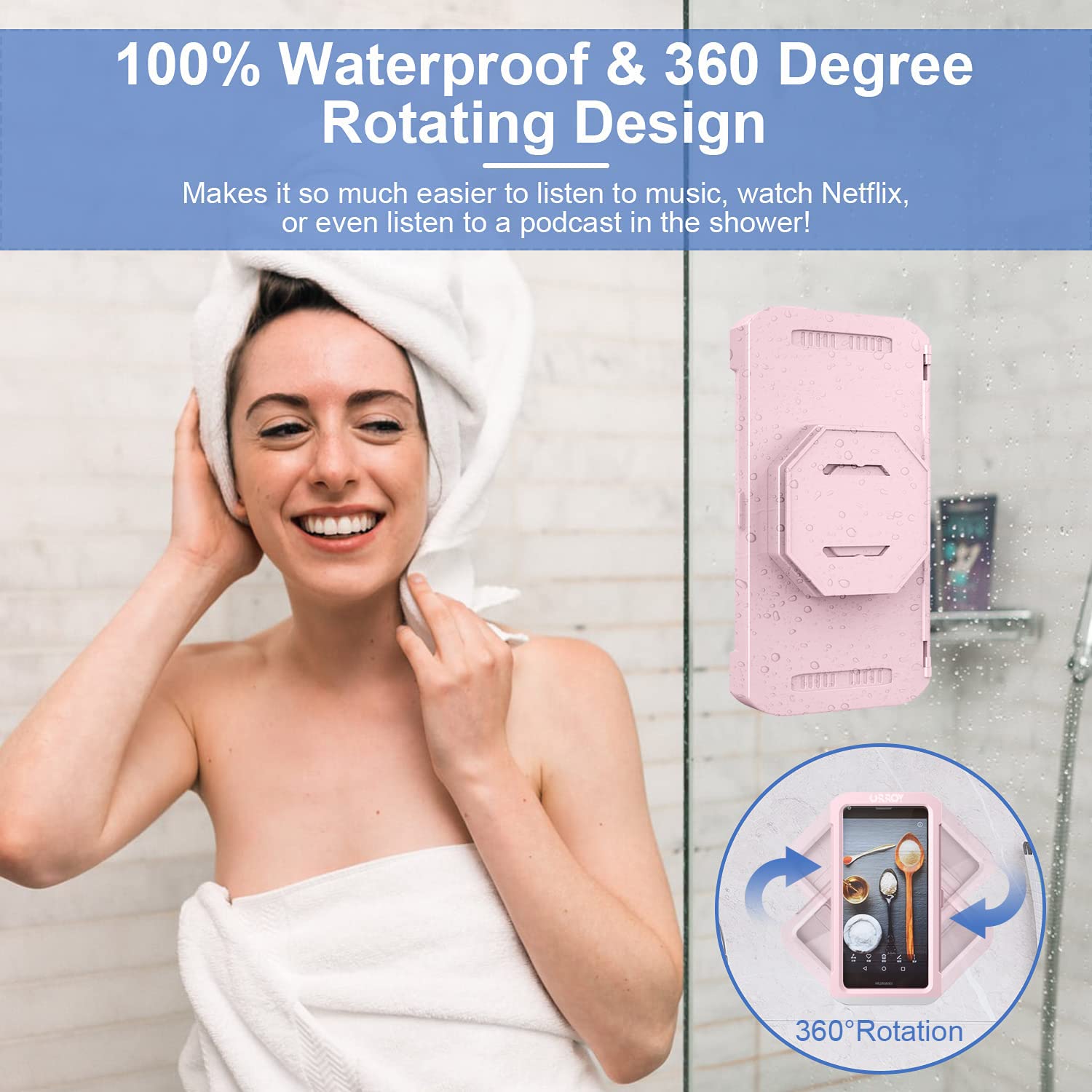 360° Rotation Shower Phone Case, Anti-Fog High Sensitivity Cover Mount Box for Bathroom