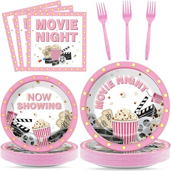 96Pcs Movie Night Party Supplies Pink Movie Birthday Plates and Napkins