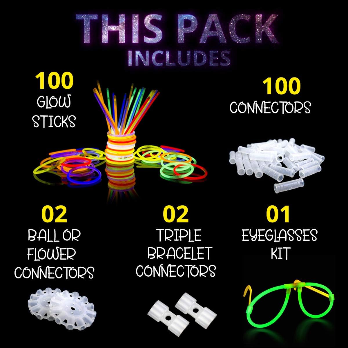 100 Glow Sticks Bulk - Glow in The Dark Party Supplies