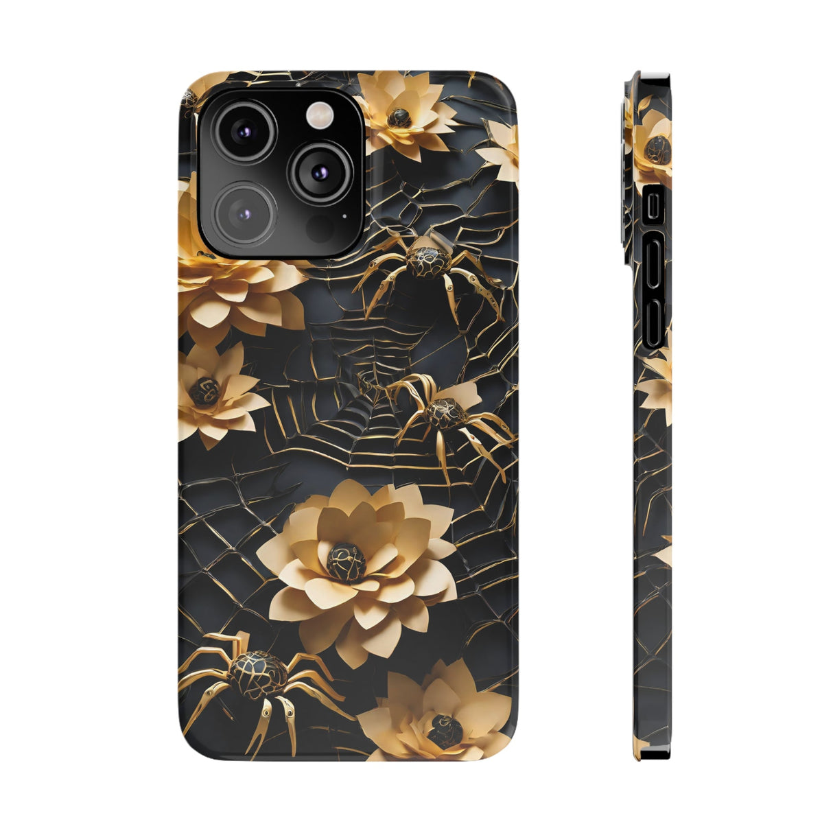 Halloween Black & Gold Spider Slim Phone Cases, Gold Flower Phone Case