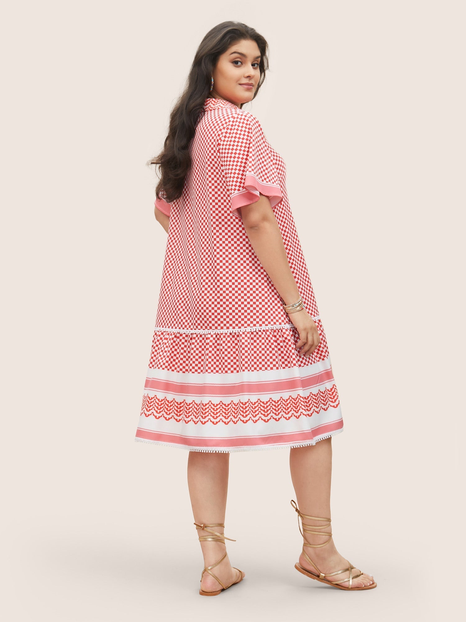 Gingham Patchwork Lapel Collar Ruffle Sleeve Dress