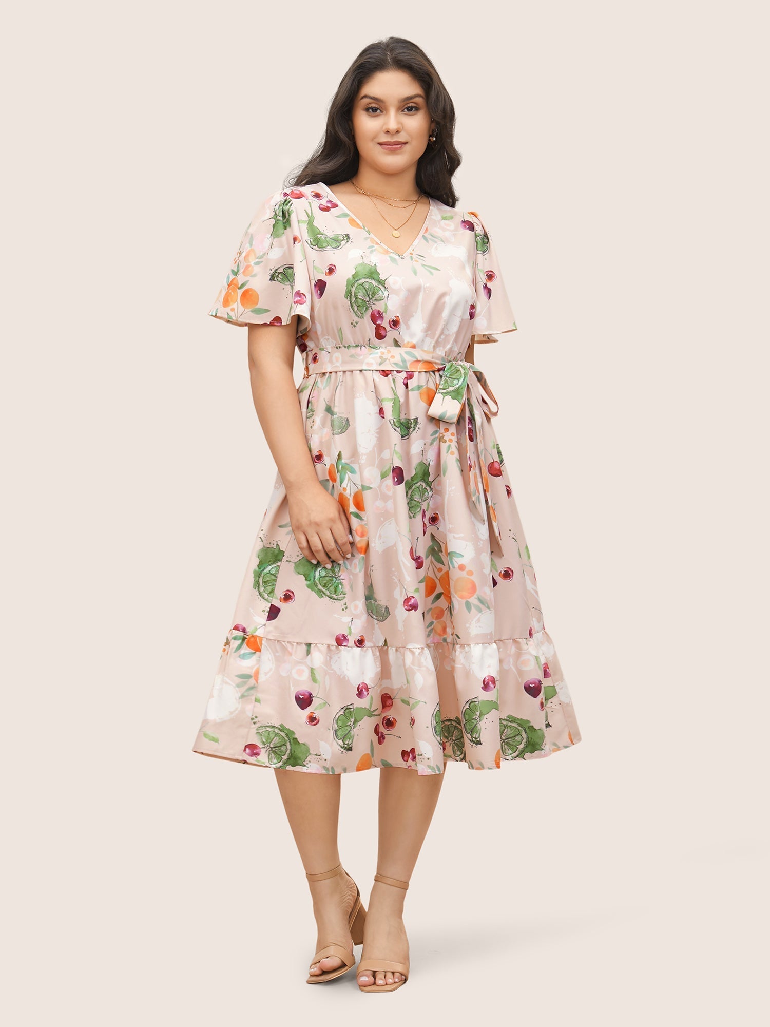 Fruits Print Elastic Waist Belted Pocket Dress