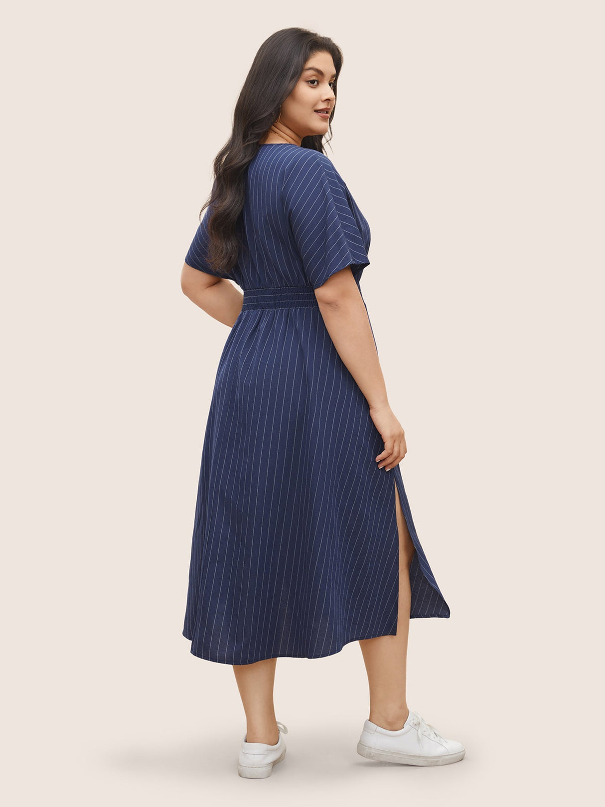 Striped V Neck Slit Hem Shirred Dress