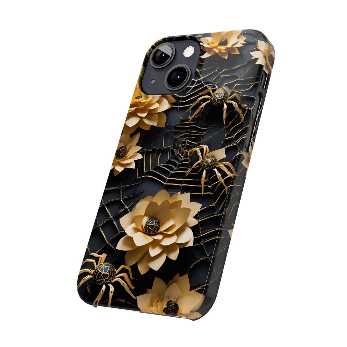 Halloween Black & Gold Spider Slim Phone Cases, Gold Flower Phone Case