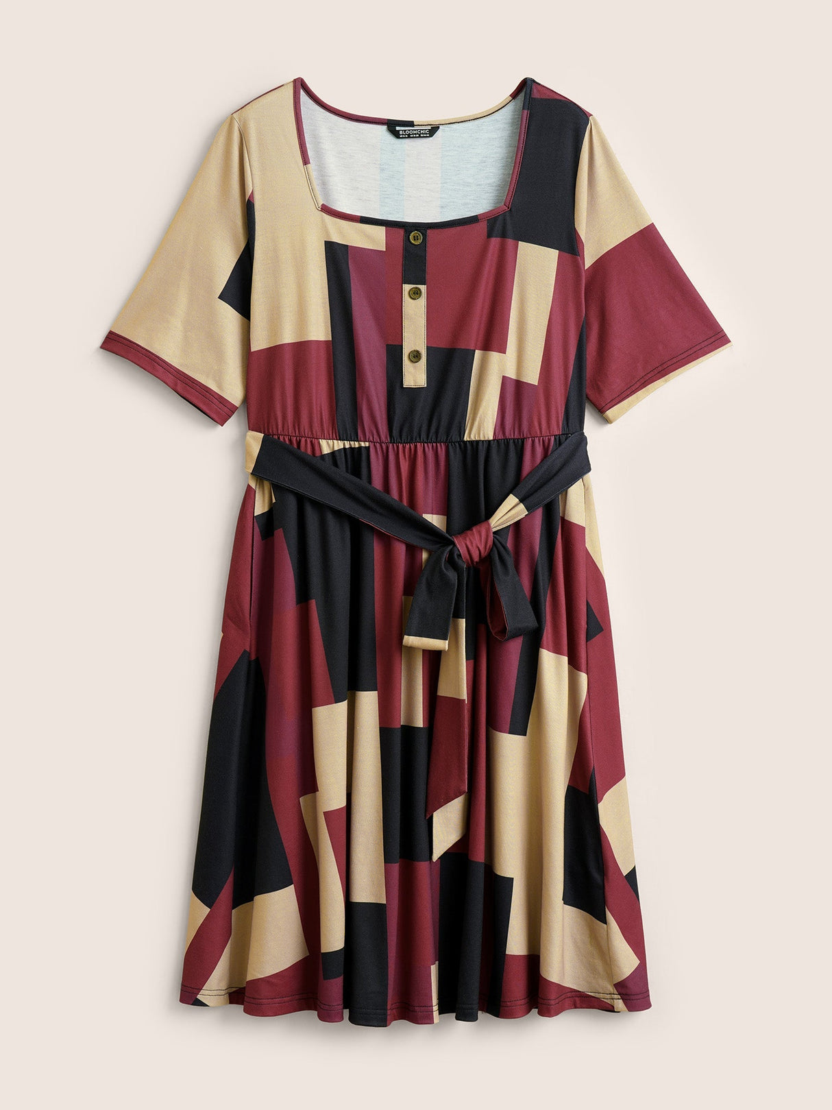 Geometric Colorblock Contrast Square Neck Belted Dress