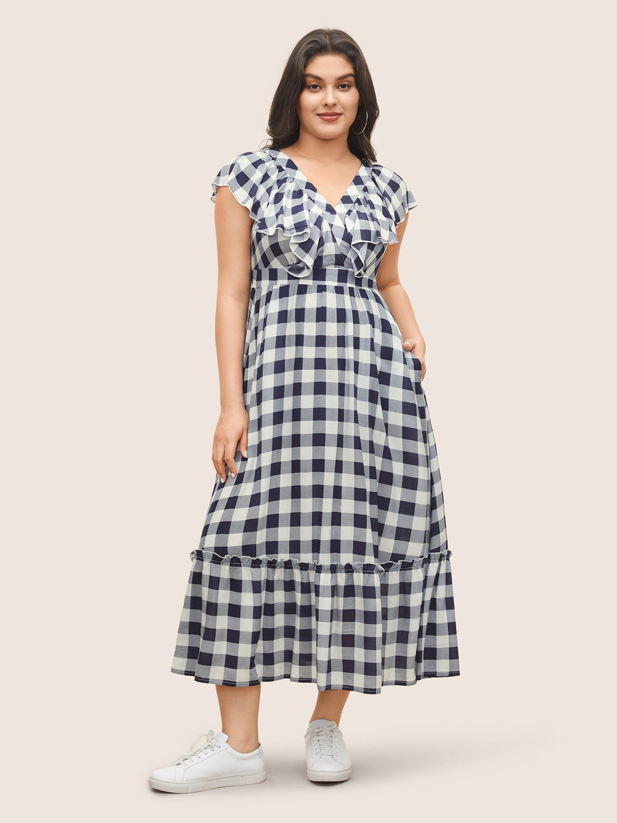 Plaid Elastic Waist Patchwork Ruffle Cap Sleeve Dress