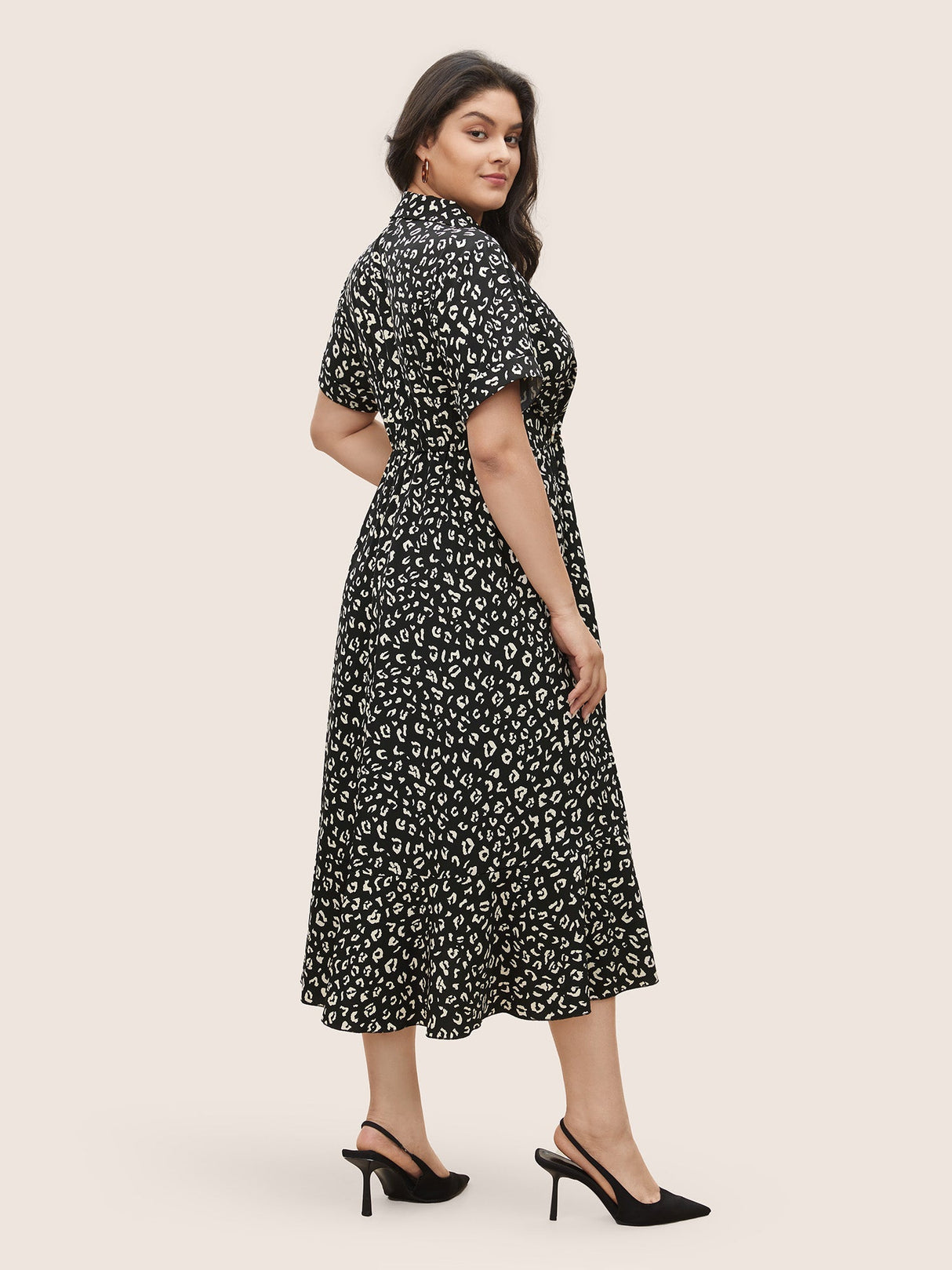 Leopard Print Suit Collar Ruffle Hem Dress