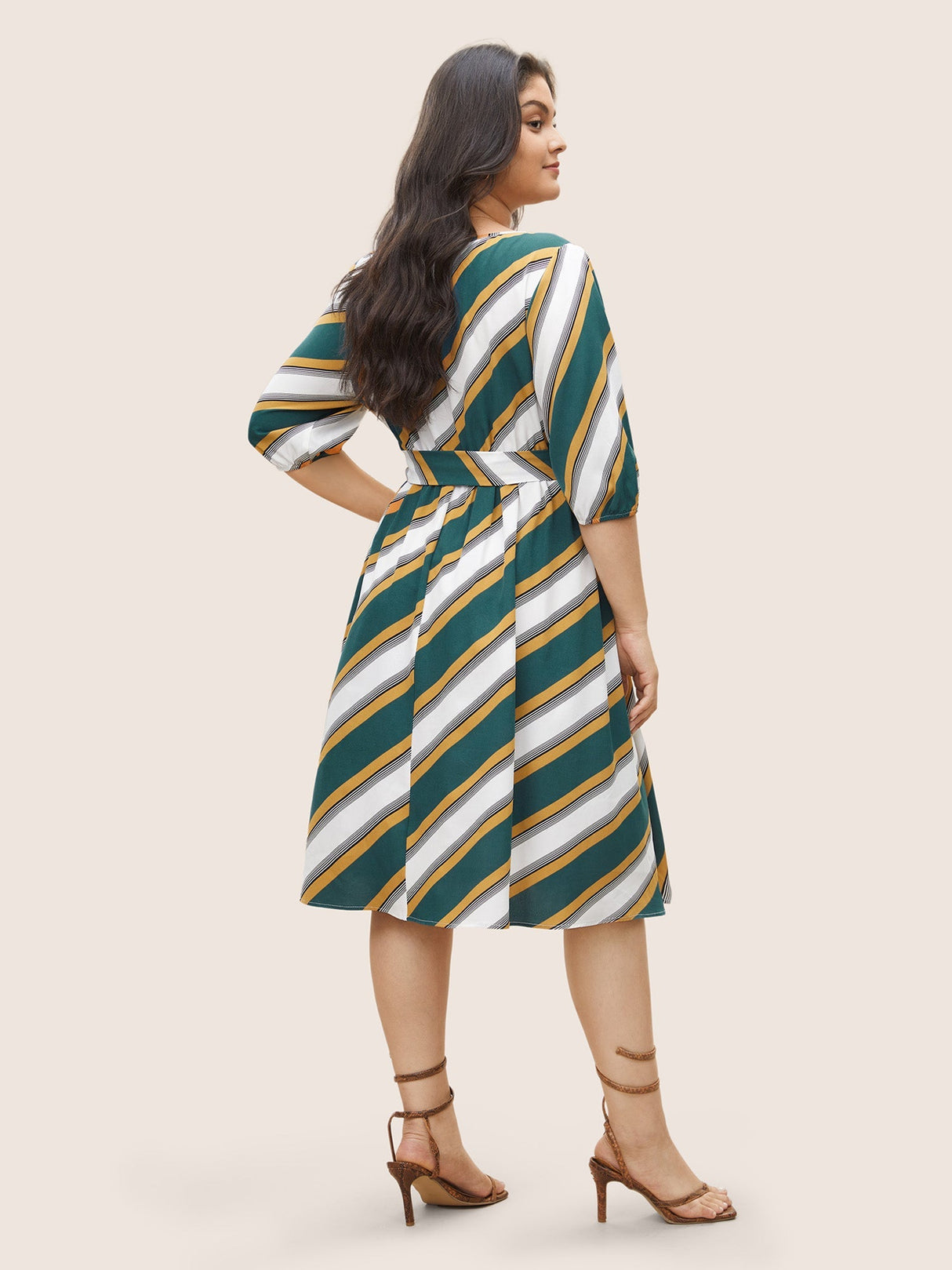 Striped Contrast Asymmetrical Neck Belted Dress