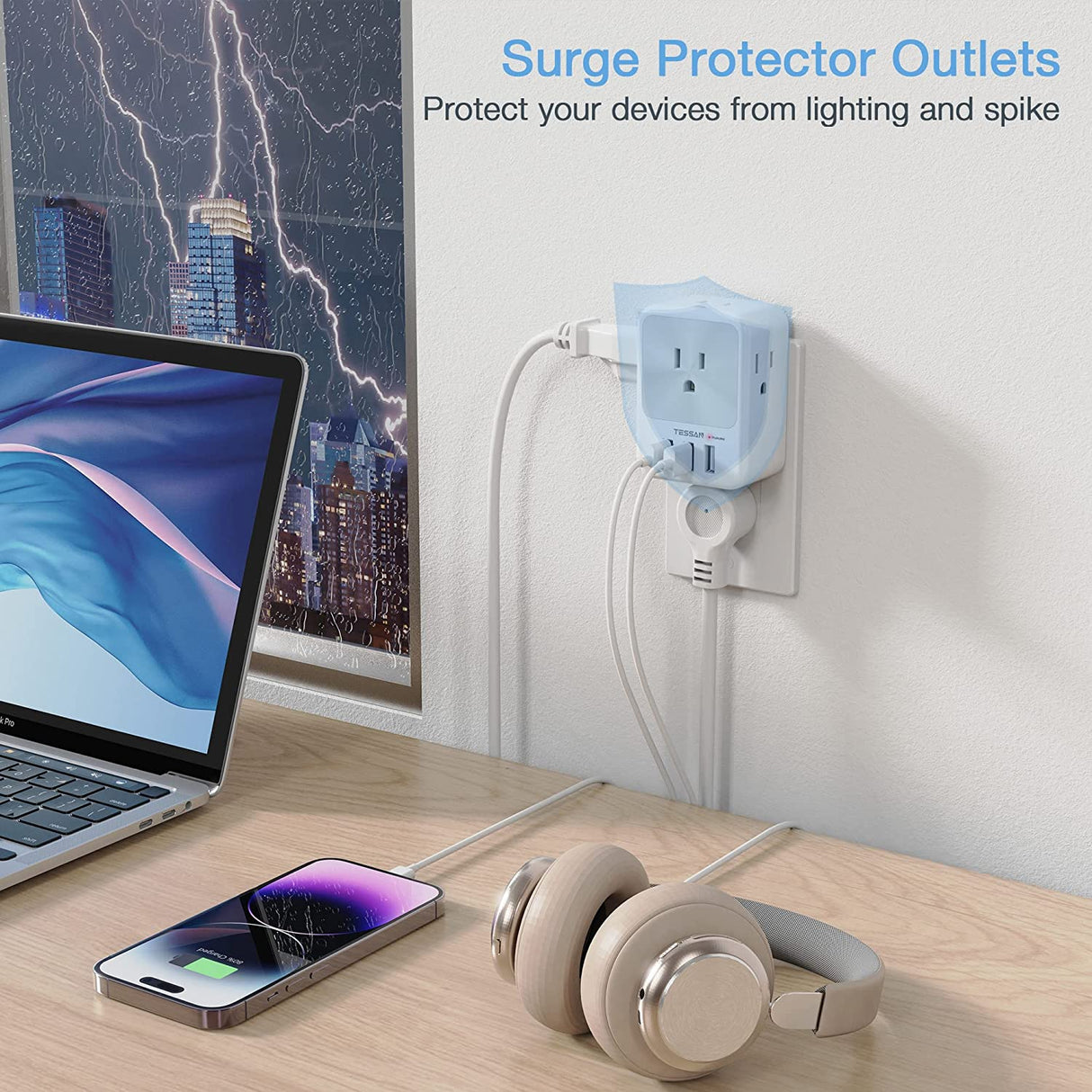 Multi Plug Outlet Splitter with USB, 4 Electrical Outlet Extender Surge Protector with 3 USB Wall Charger