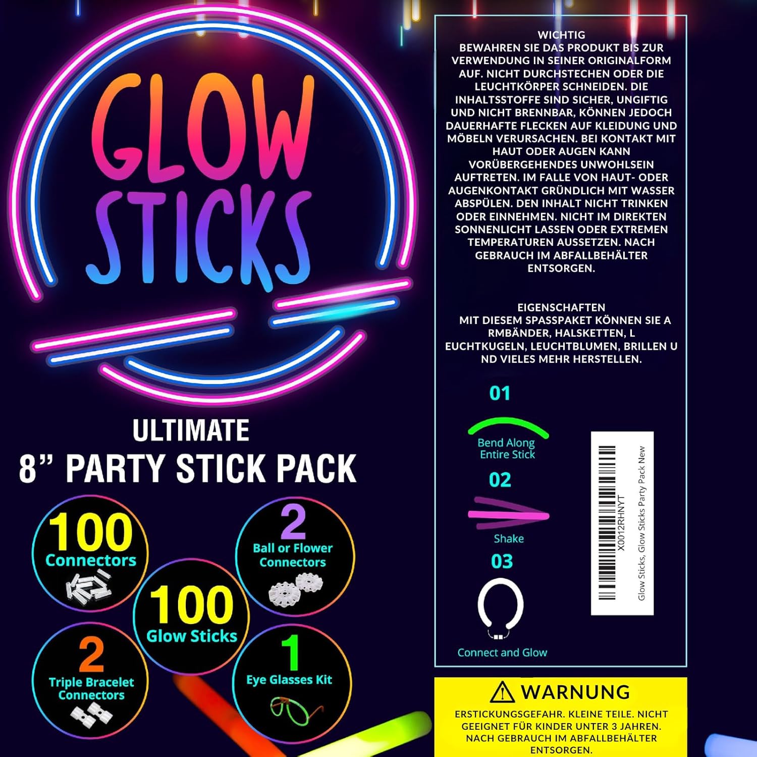 100 Glow Sticks Bulk - Glow in The Dark Party Supplies