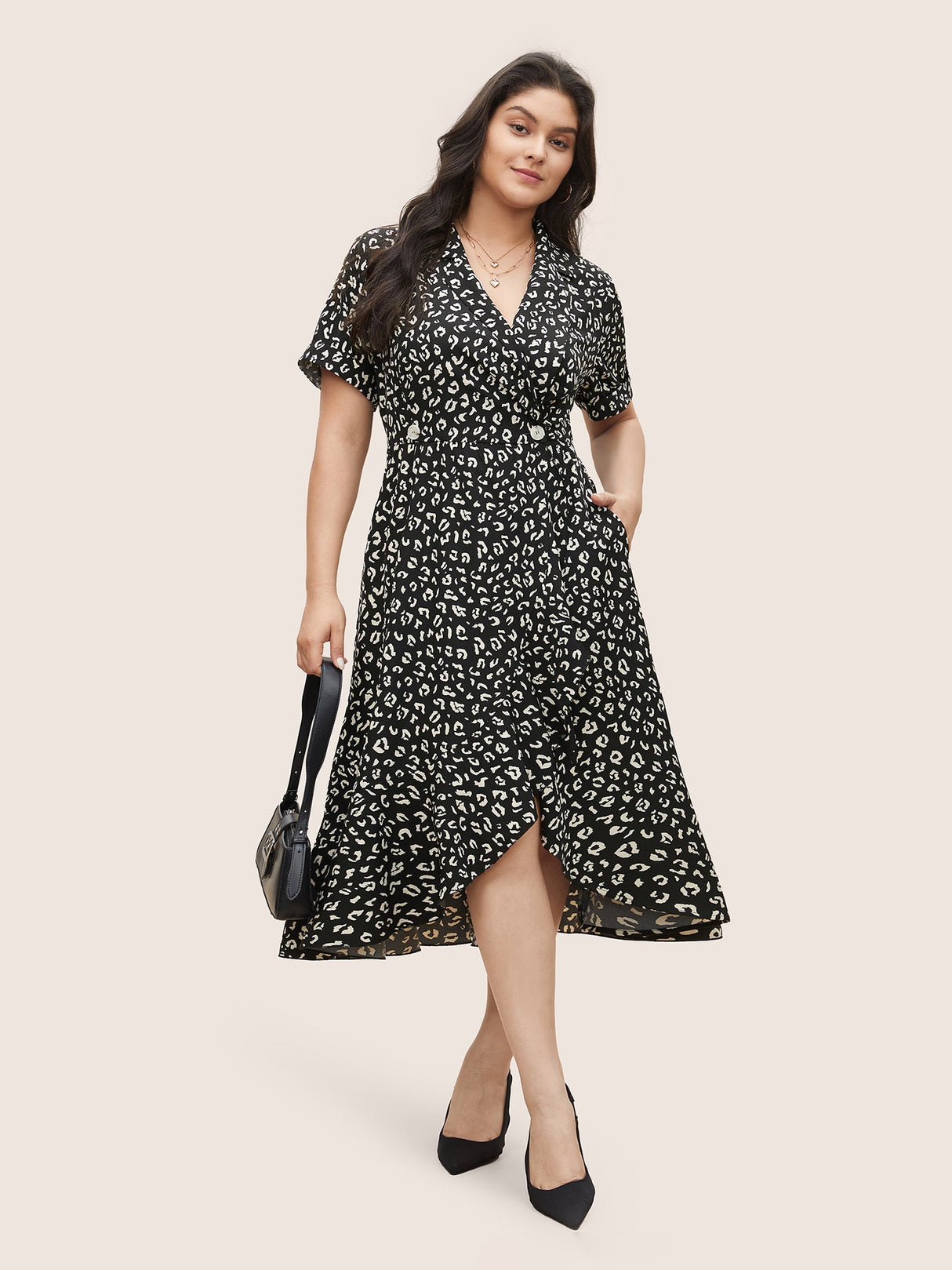 Leopard Print Suit Collar Ruffle Hem Dress