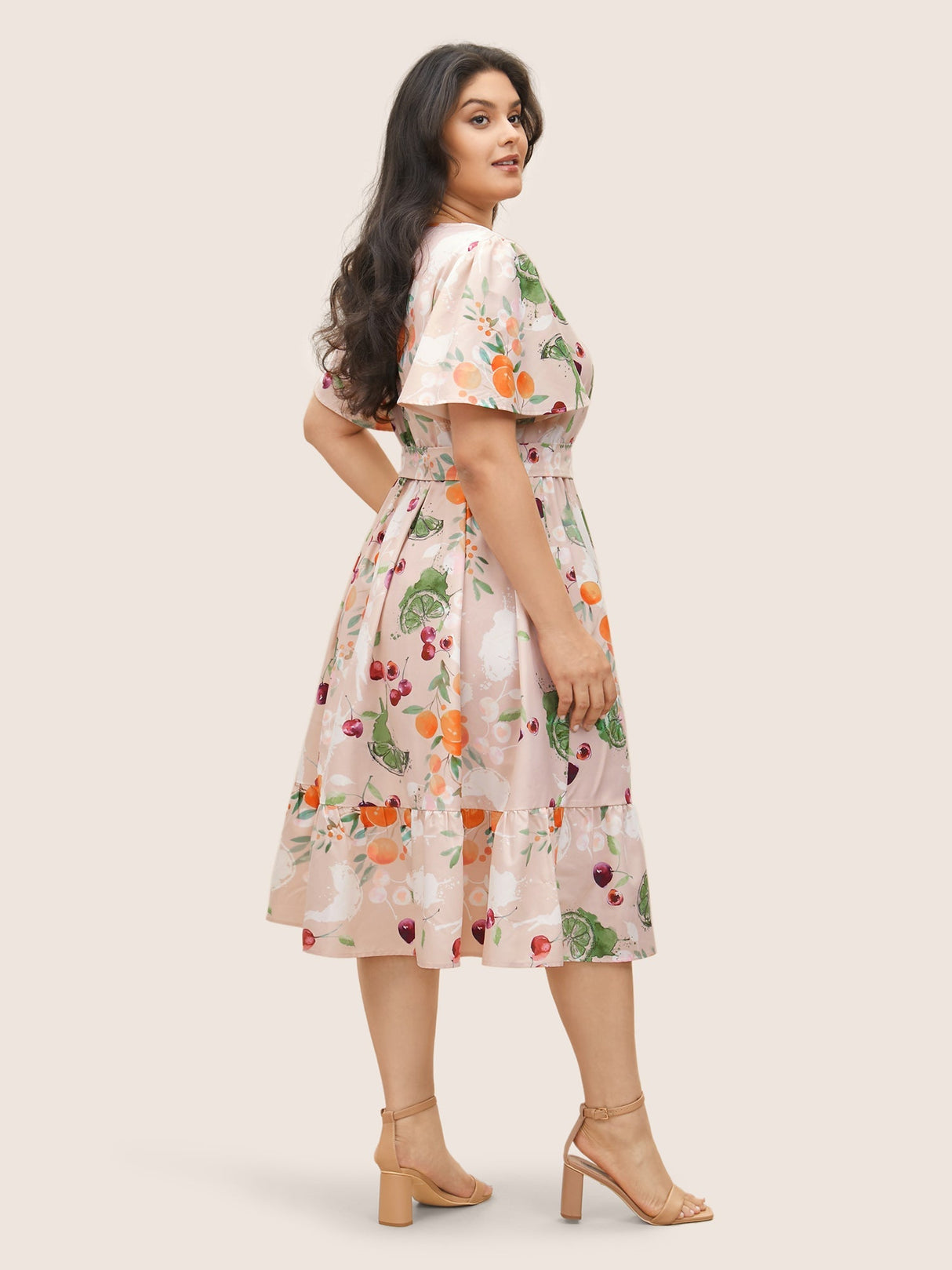 Fruits Print Elastic Waist Belted Pocket Dress