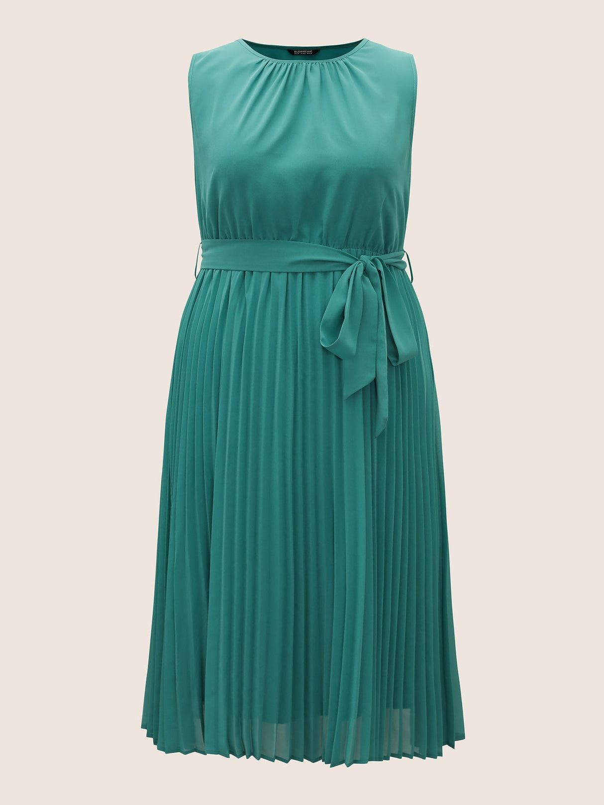 Plain Sleeveless Elastic Waist Pleated Belted Dress