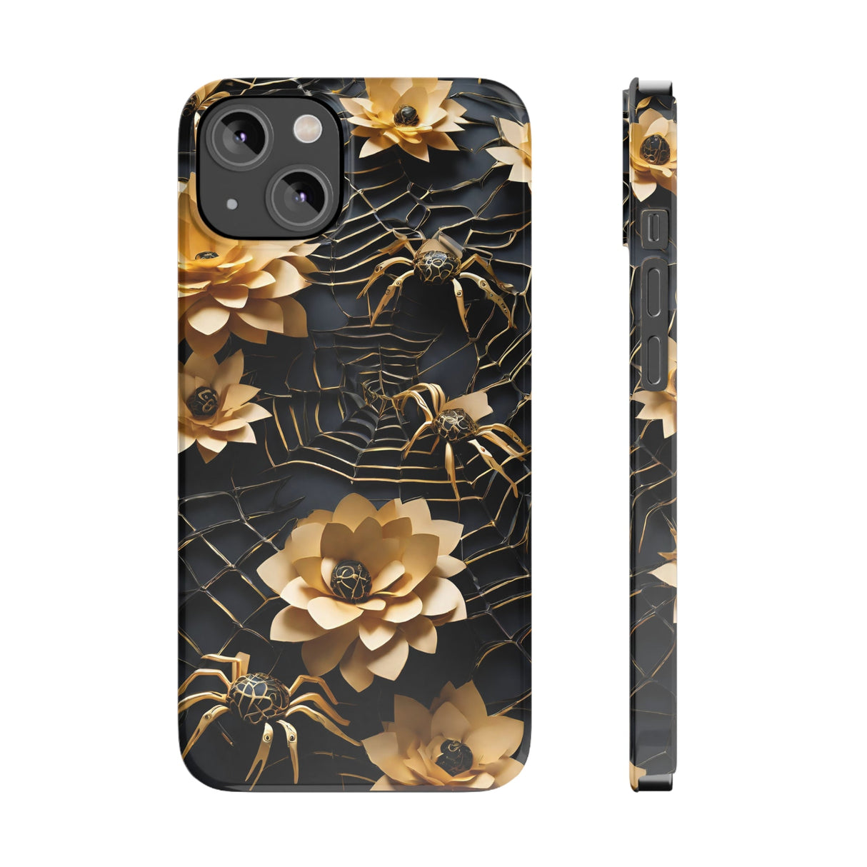 Halloween Black & Gold Spider Slim Phone Cases, Gold Flower Phone Case