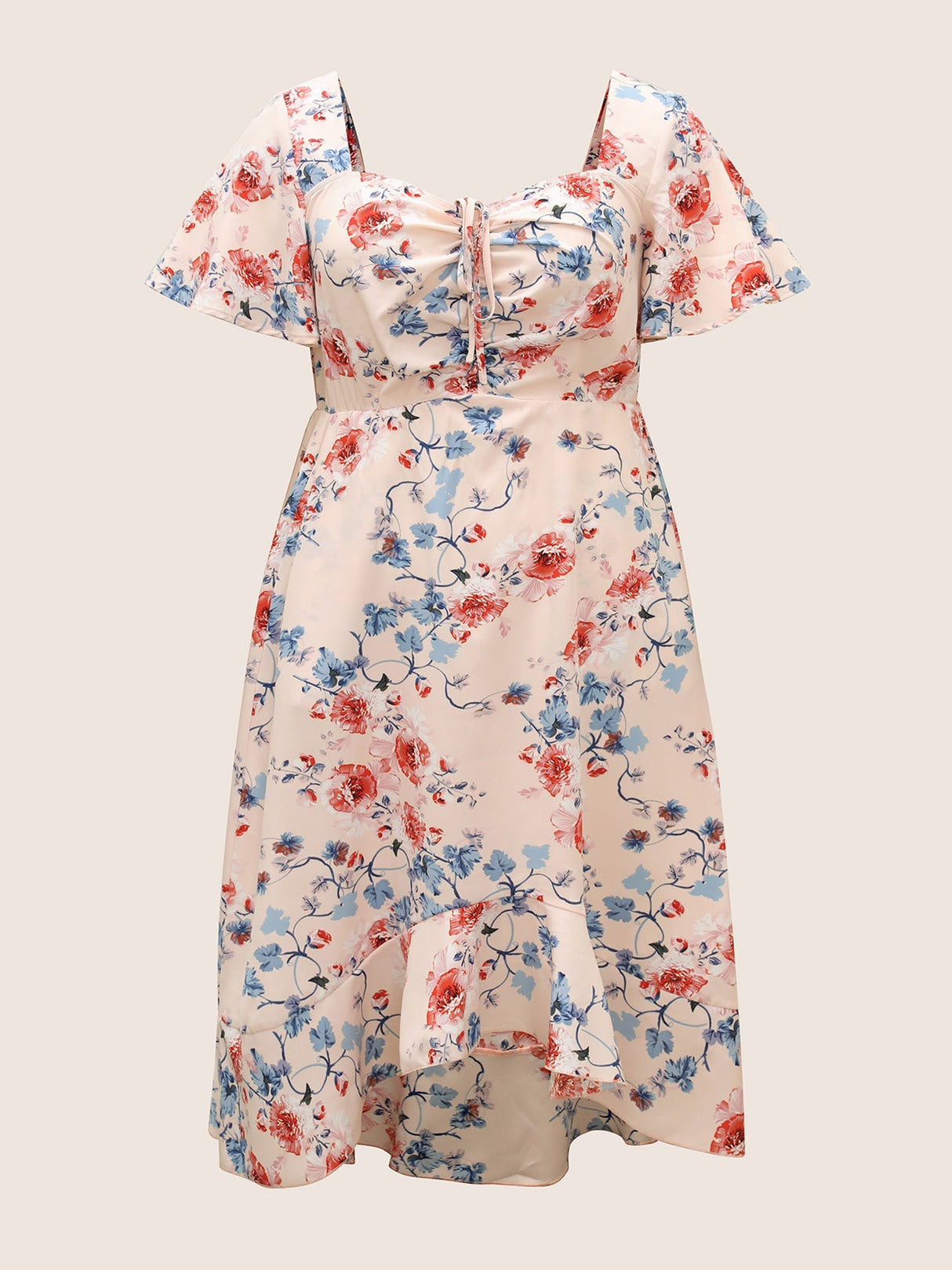 Square Neck Floral Print Gathered Drawstring Dress