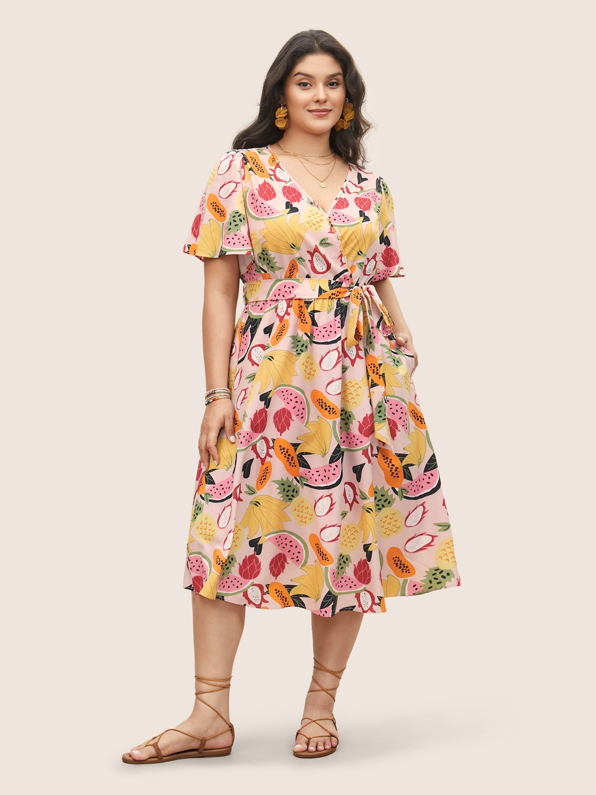 Fruit Print Overlap Collar Belted Pocket Dress