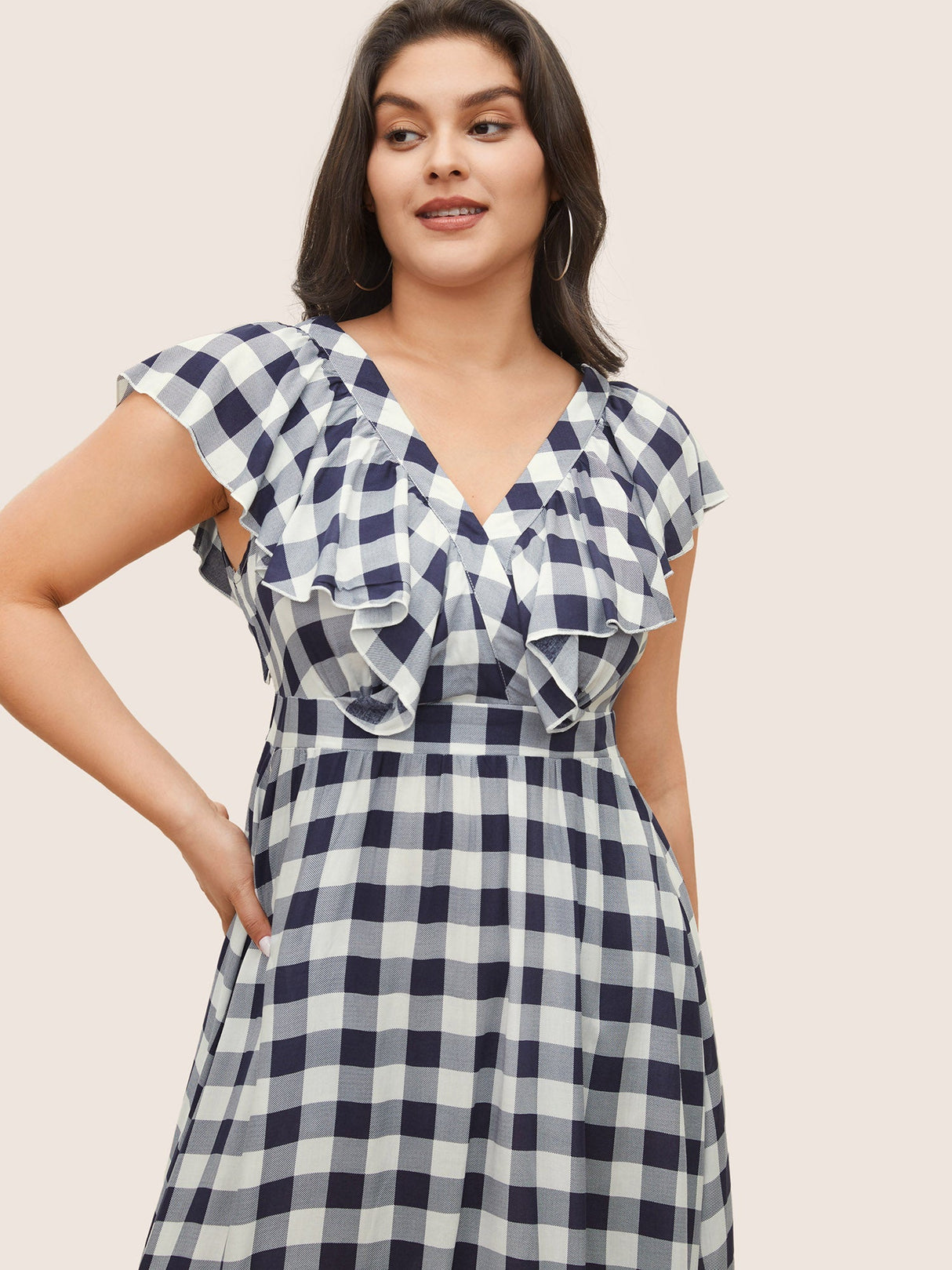 Plaid Elastic Waist Patchwork Ruffle Cap Sleeve Dress