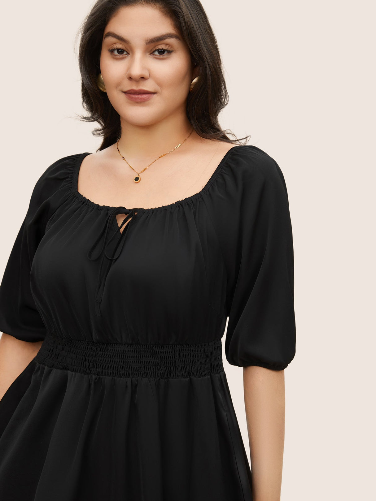 Solid Shirred Knot Neck Patchwork Ruffle Hem Dress