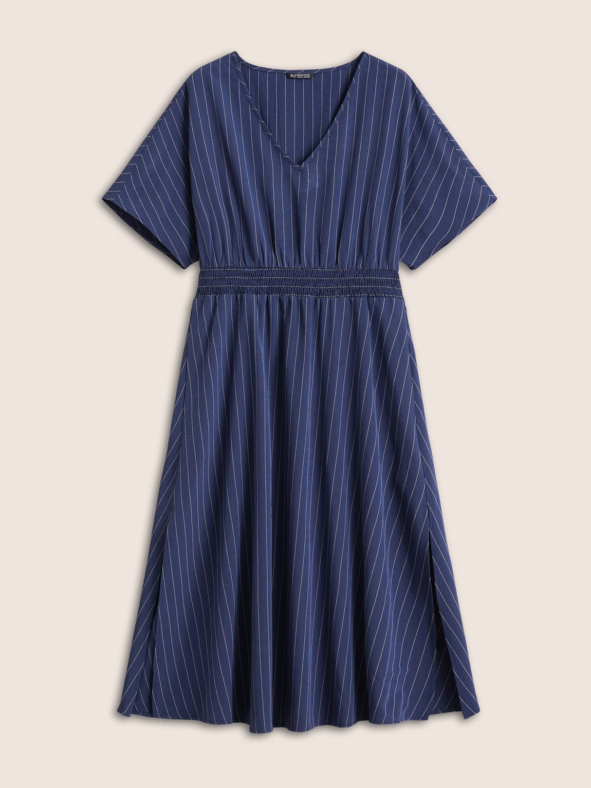 Striped V Neck Slit Hem Shirred Dress