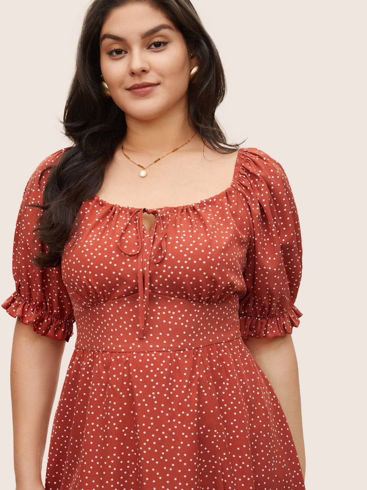 Polka Dot Ties Lantern Sleeve Gathered Dress