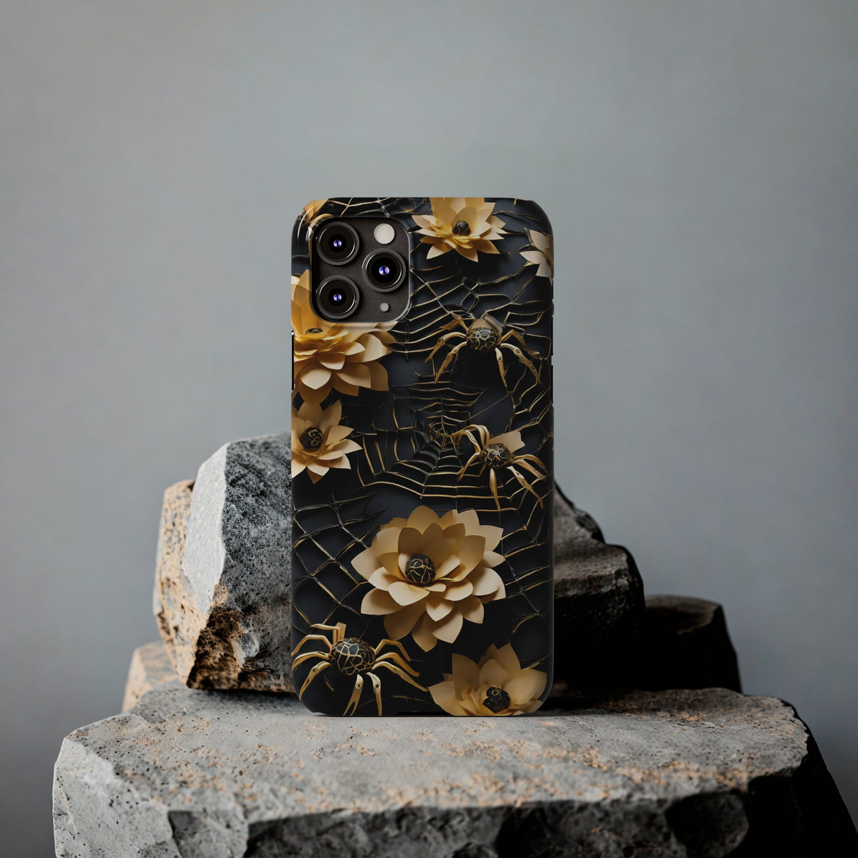 Halloween Black & Gold Spider Slim Phone Cases, Gold Flower Phone Case