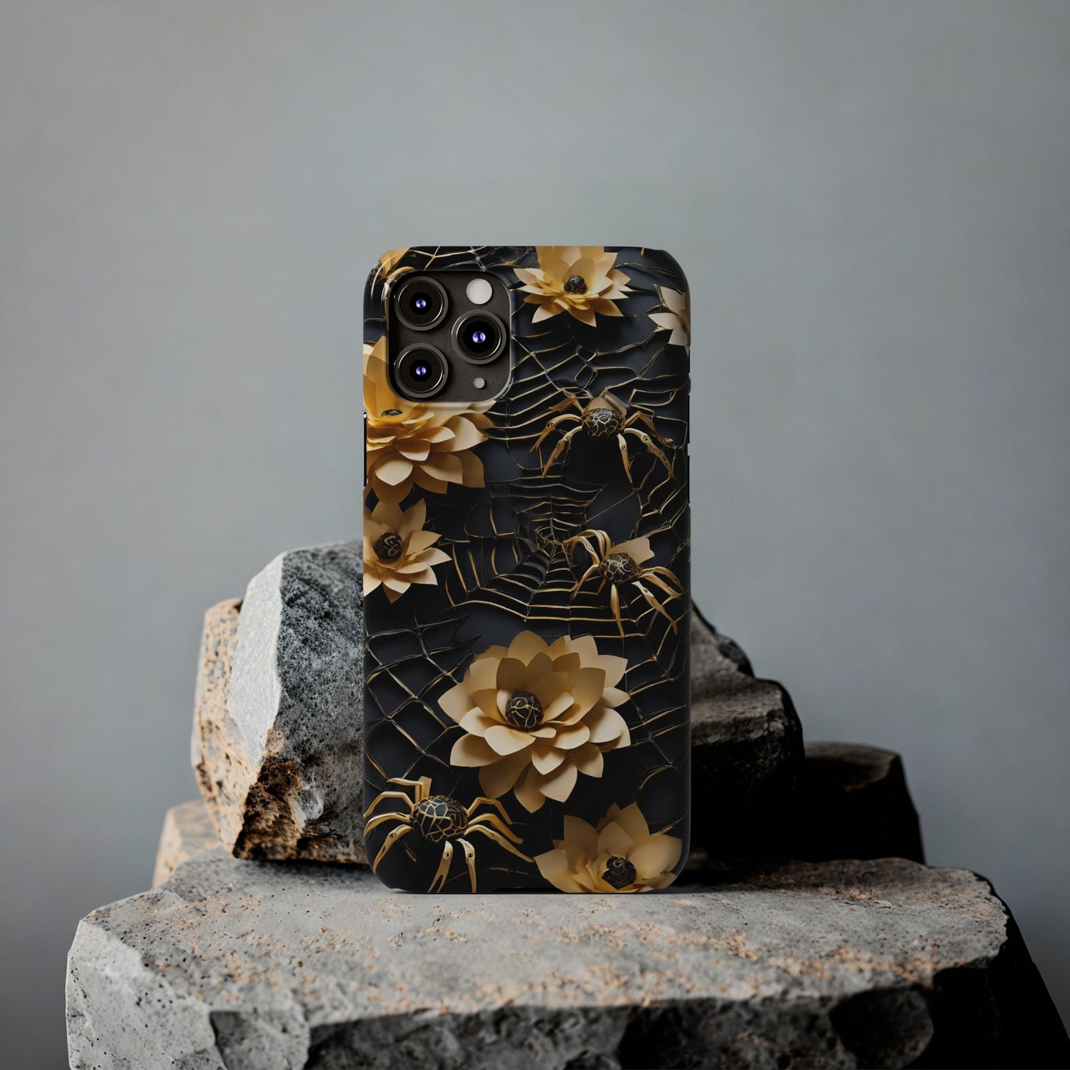Halloween Black & Gold Spider Slim Phone Cases, Gold Flower Phone Case