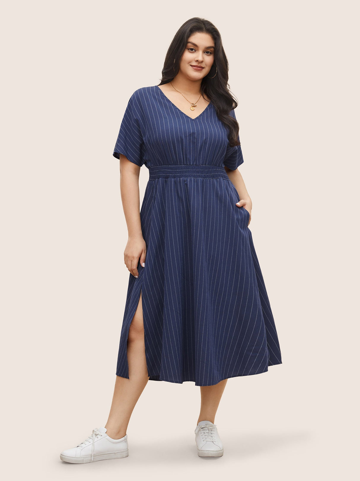 Striped V Neck Slit Hem Shirred Dress